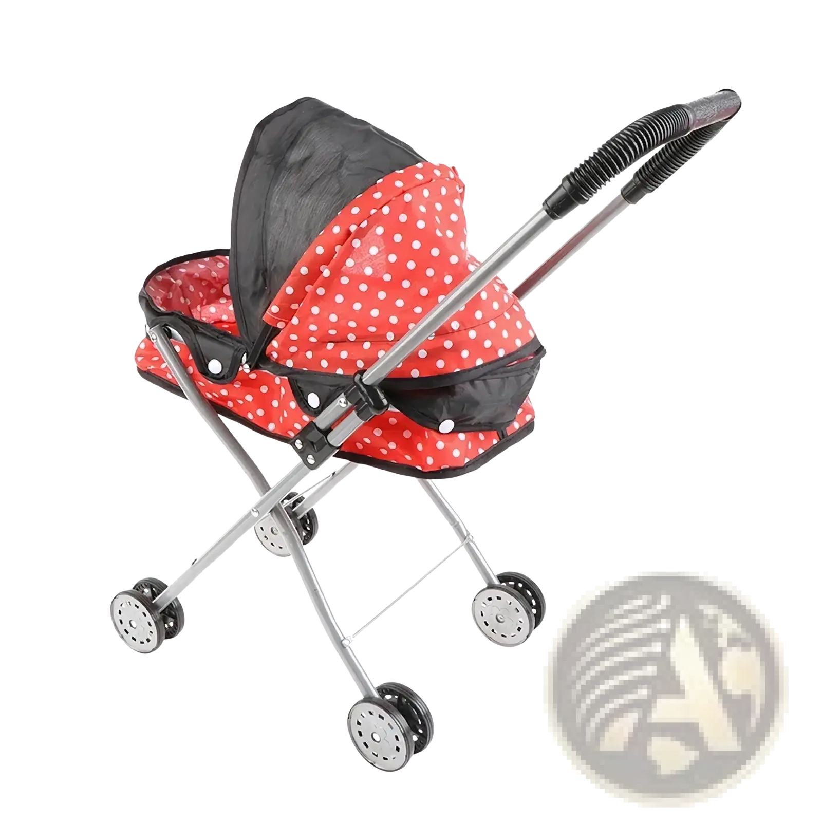 Red and black polka-dot doll stroller with silver metal frame for 12 inch baby dolls in pink toy design