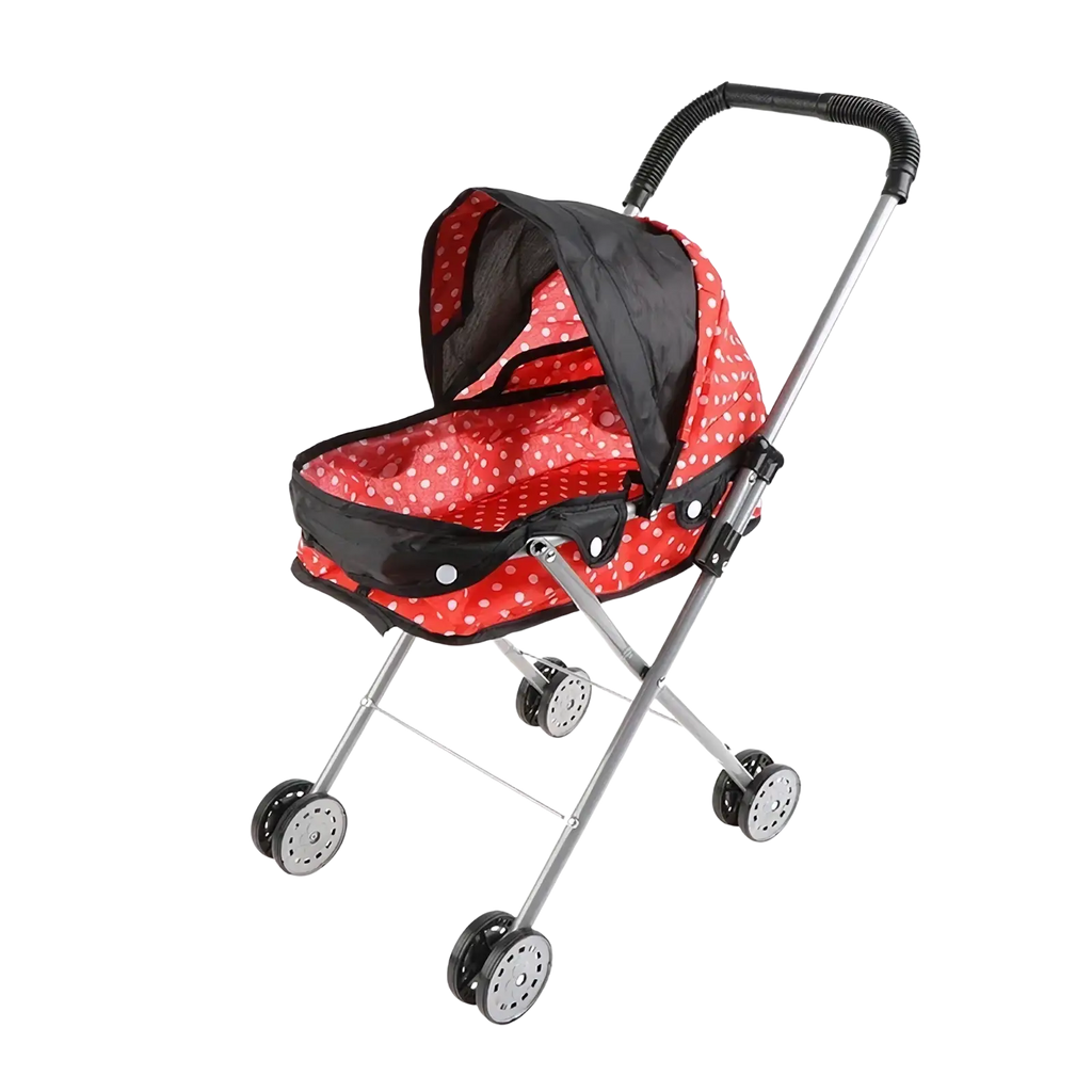 Doll stroller for 12 inch baby dolls in red and black polka dot fabric with silver metal frame and wheels