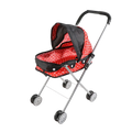 Doll stroller for 12 inch baby dolls in red and black polka dot fabric with silver metal frame and wheels