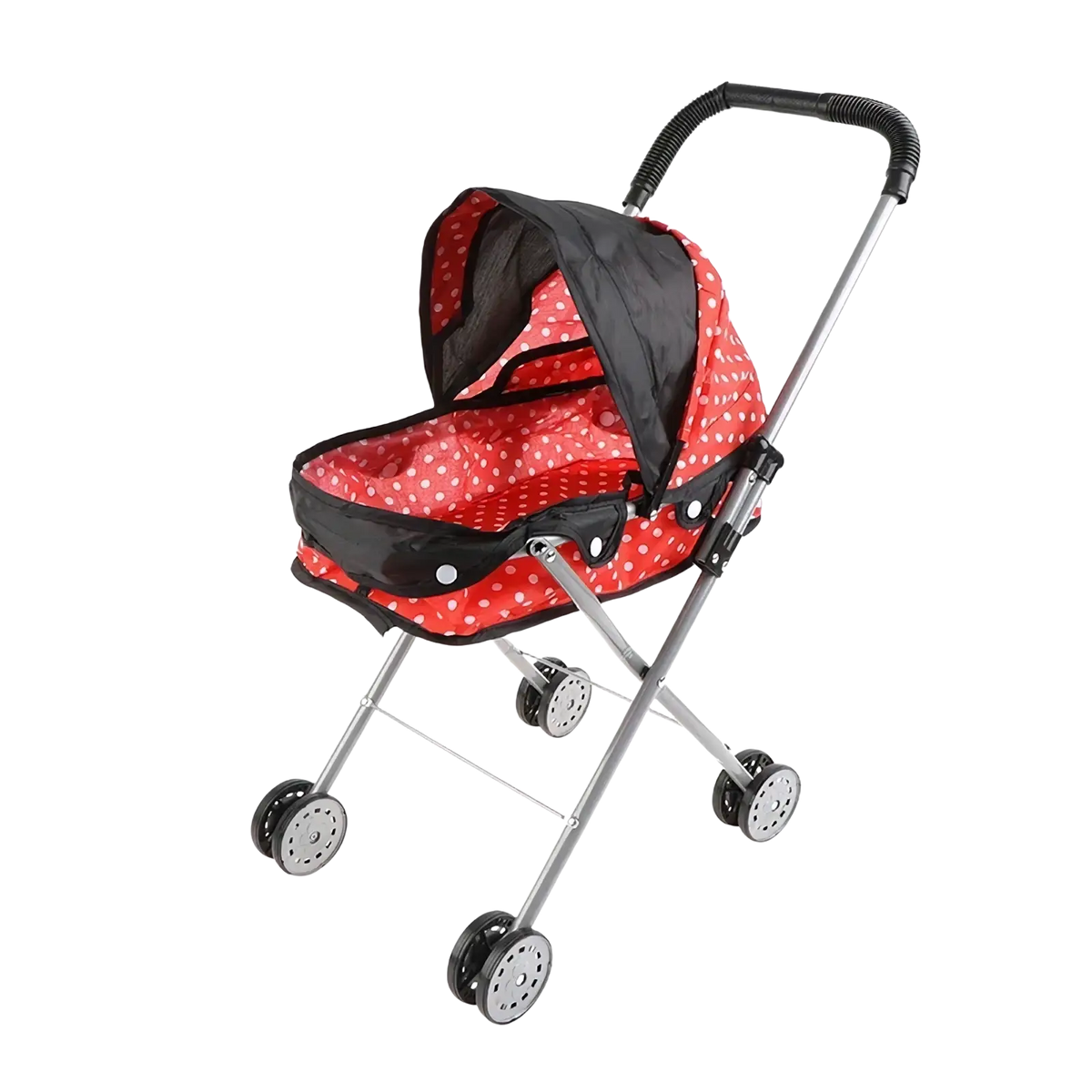 Doll stroller for 12 inch baby dolls in red and black polka dot fabric with silver metal frame and wheels