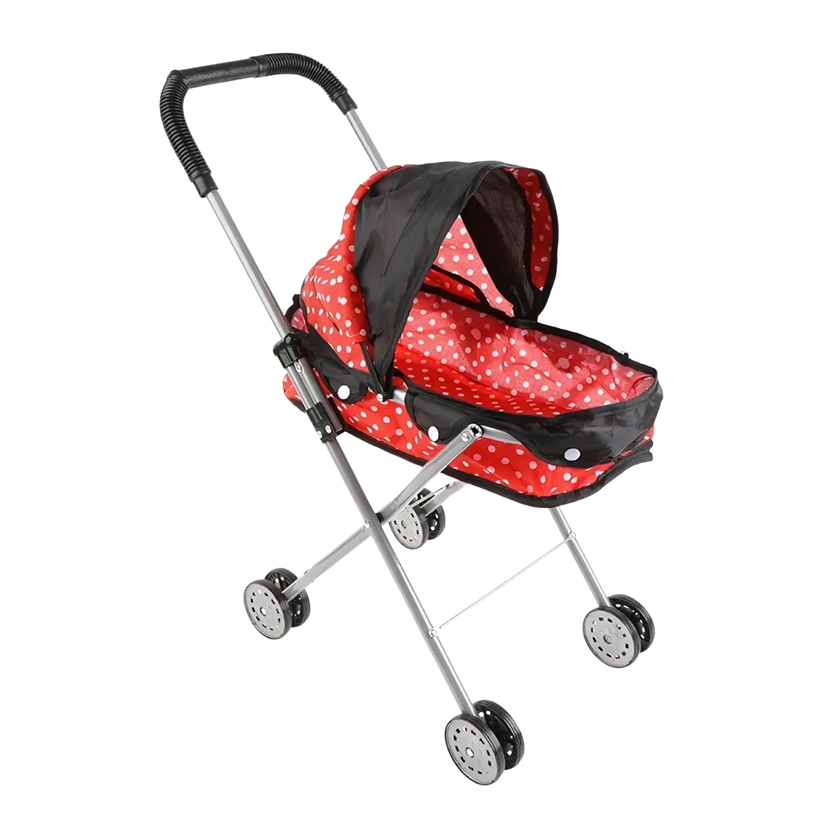 Red polka-dot doll stroller with black accents and silver metal frame for 12 inch baby dolls pink toy
