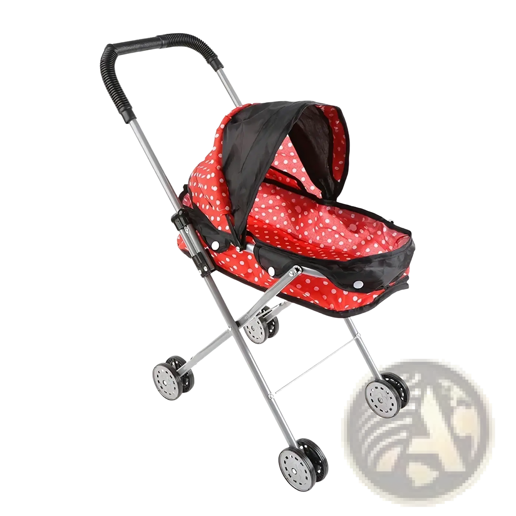 Red polka-dot doll stroller with black accents and silver metal frame for 12 inch baby dolls pink toy