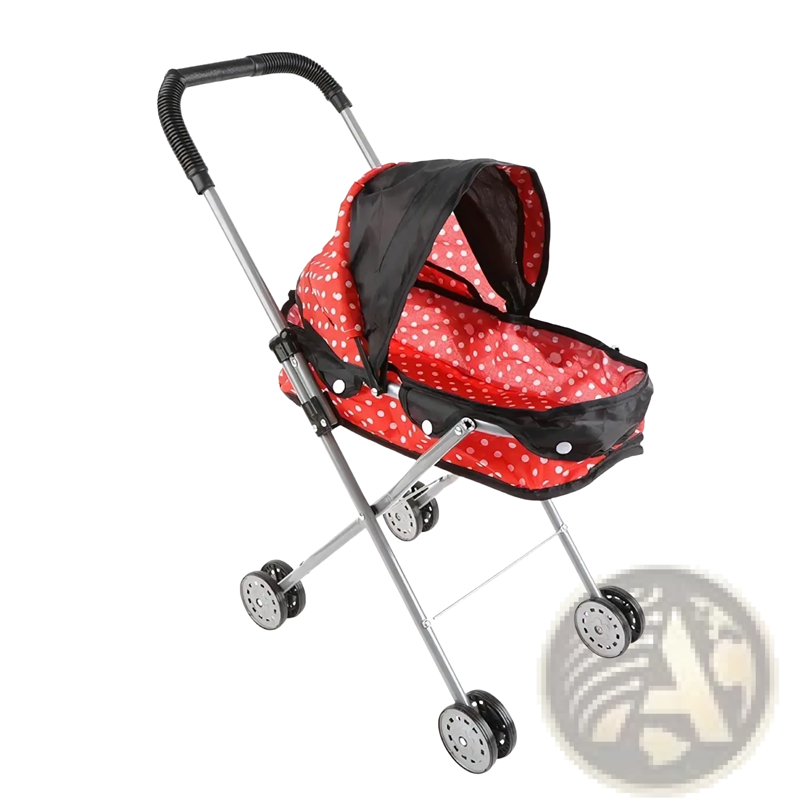 Red polka-dot doll stroller with black accents and silver metal frame for 12 inch baby dolls pink toy