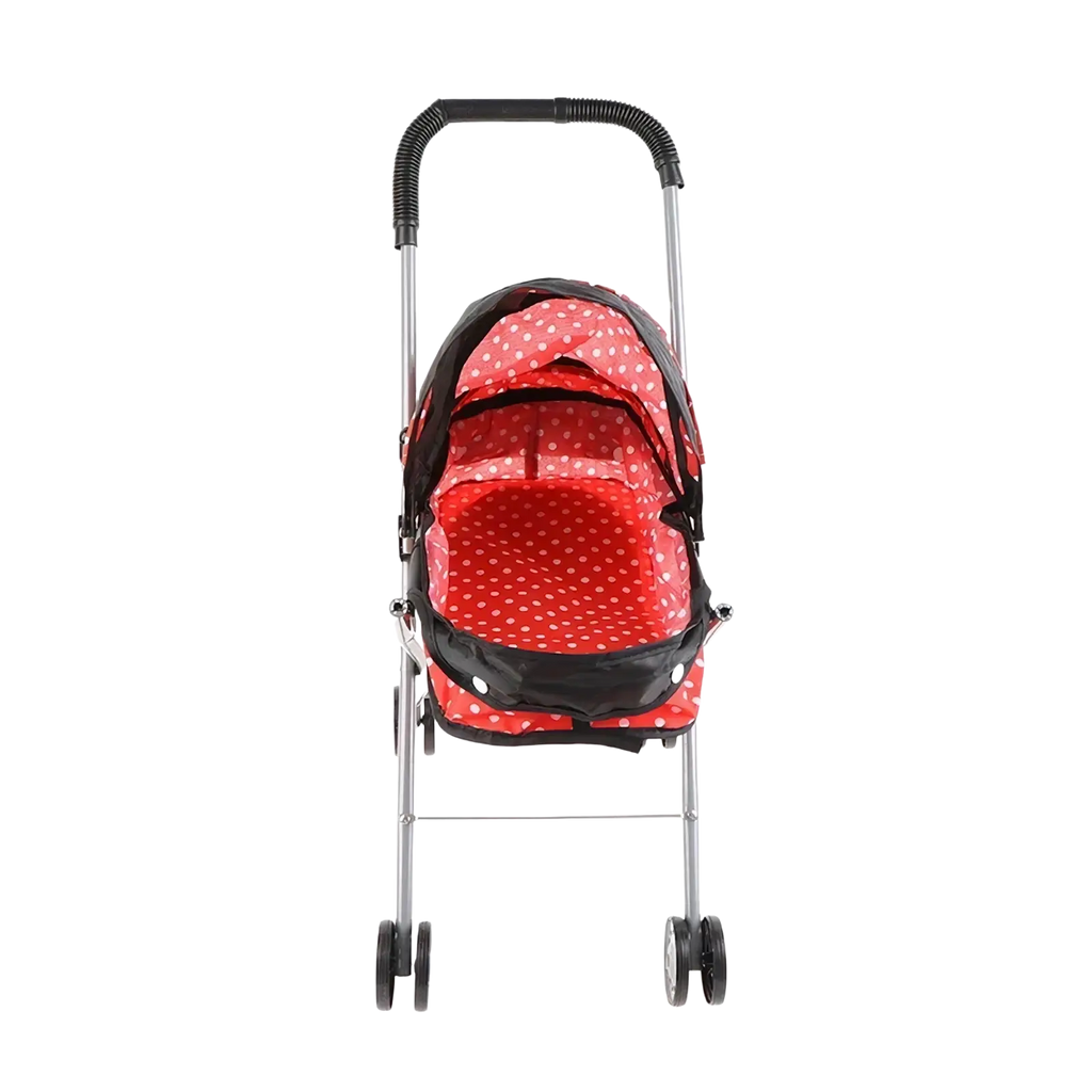 Doll stroller for 12 inch baby dolls in red polka dots with black accents and silver metal frame, shown from the back side