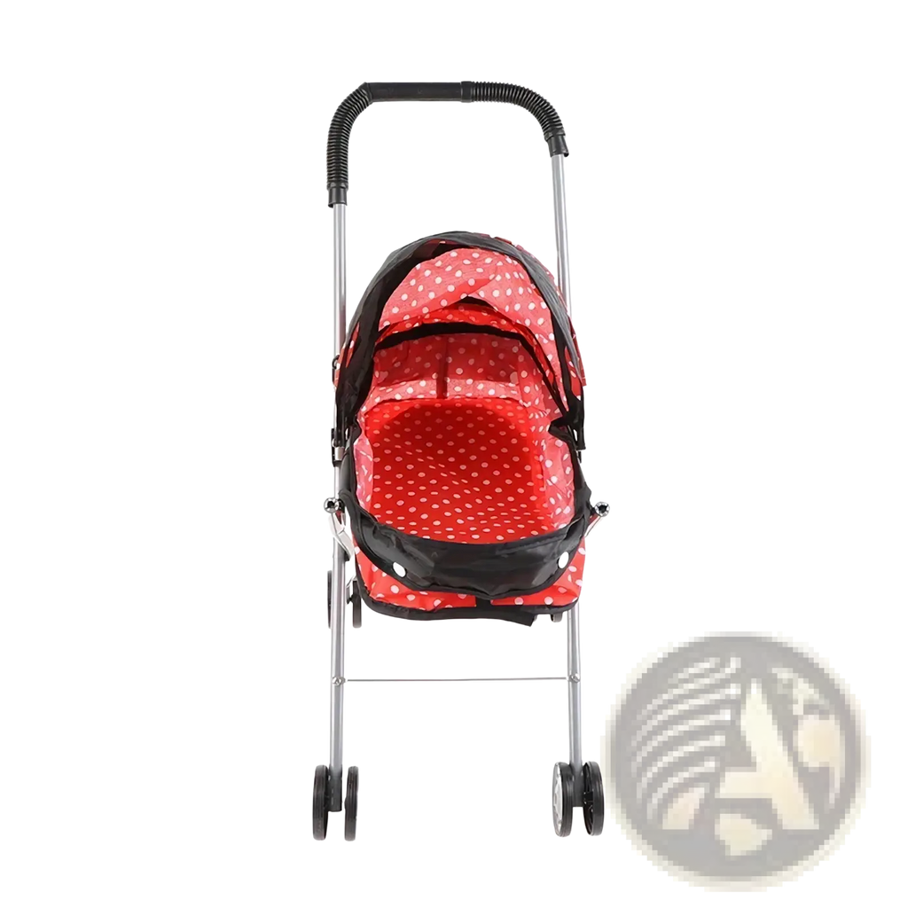 Doll stroller for 12 inch baby dolls in red polka dots with black accents and silver metal frame, shown from the back side