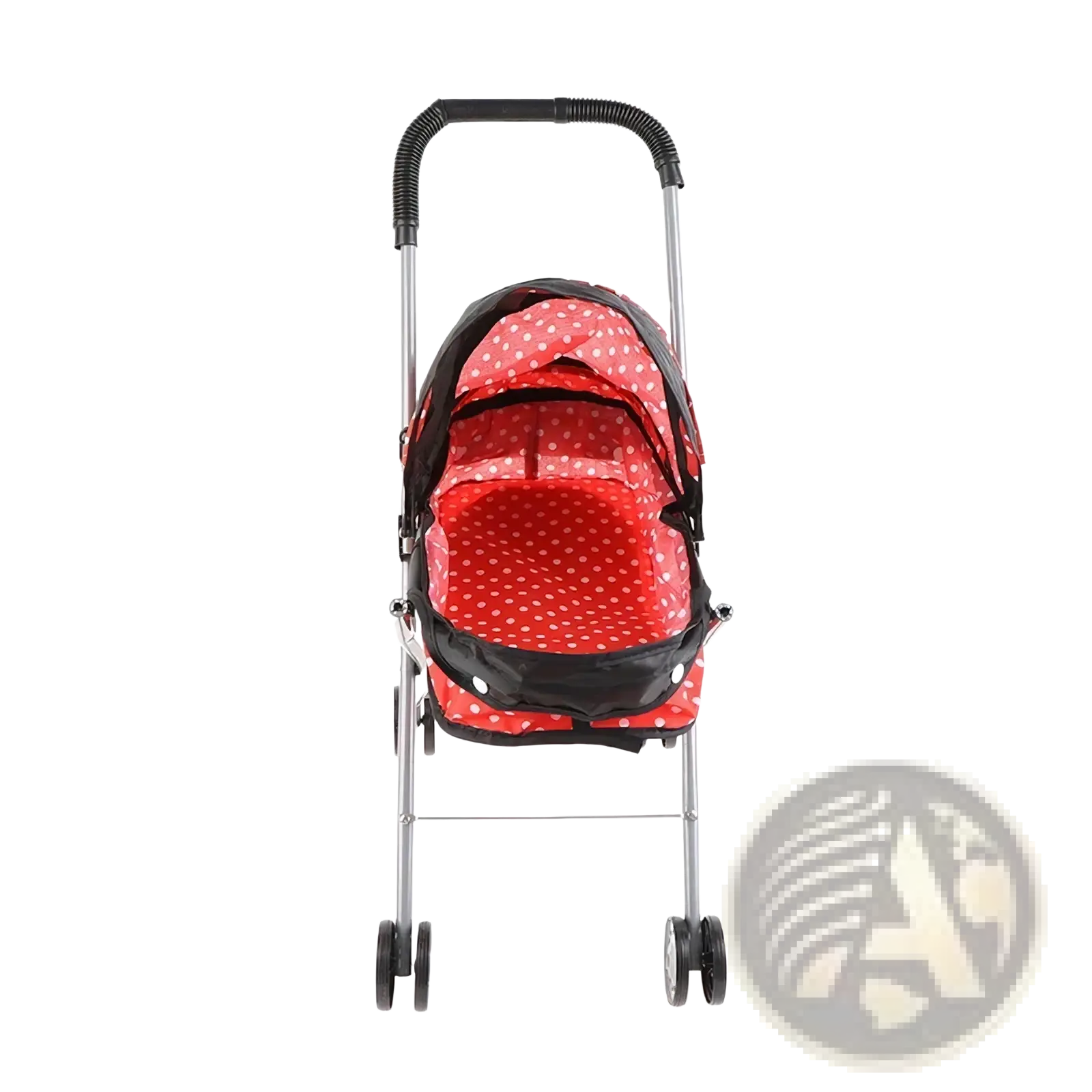 Doll stroller for 12 inch baby dolls in red polka dots with black accents and silver metal frame, shown from the back side