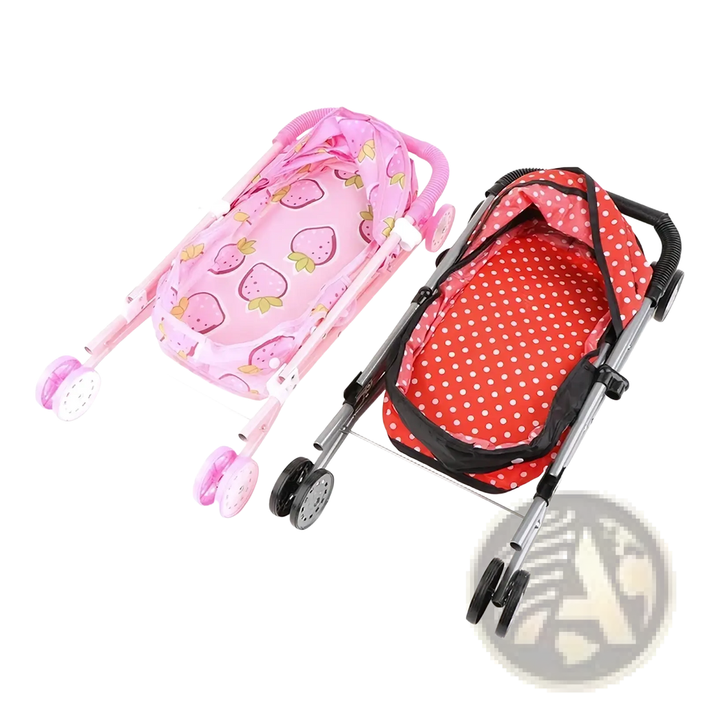 Doll stroller for 12 inch baby dolls in pink with strawberry and red polka dot plastic frame and wheels
