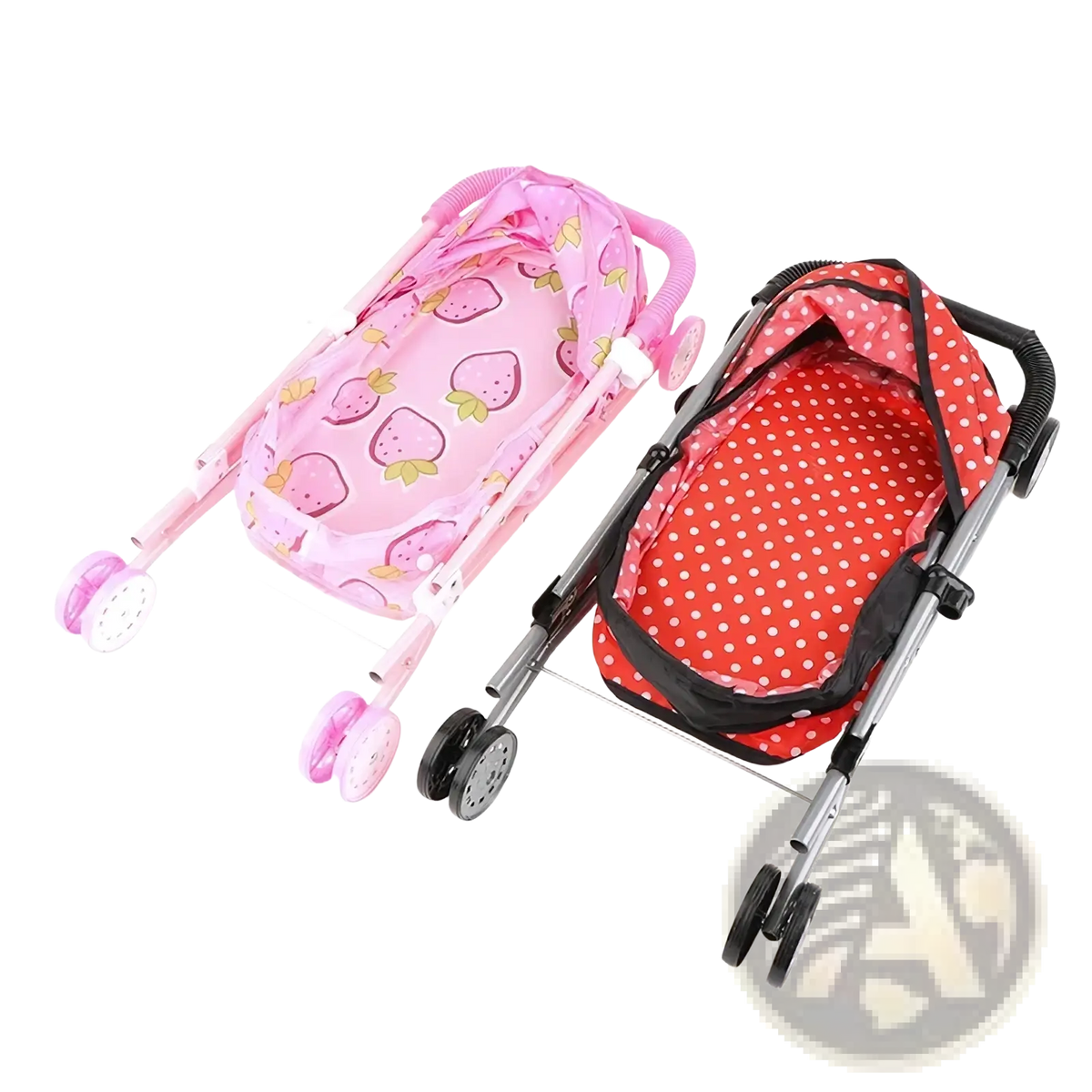 Doll stroller for 12 inch baby dolls in pink with strawberry and red polka dot plastic frame and wheels