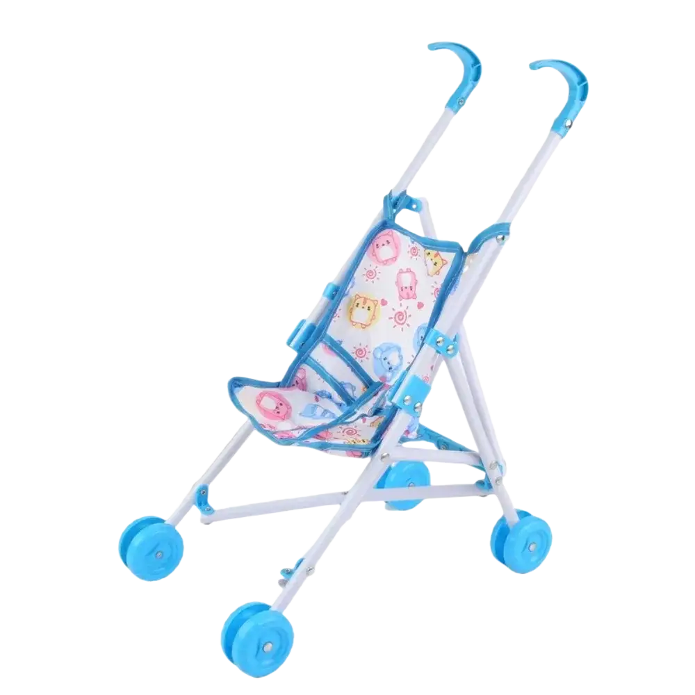 Blue and white doll stroller with cartoon animal print fabric seat designed as a toy pram for children