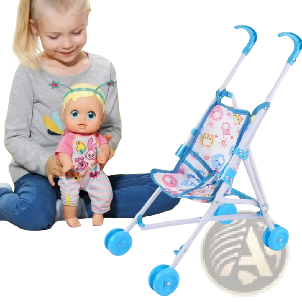 Blue and white doll stroller with cartoon animal print fabric seat designed as a toy pram for children