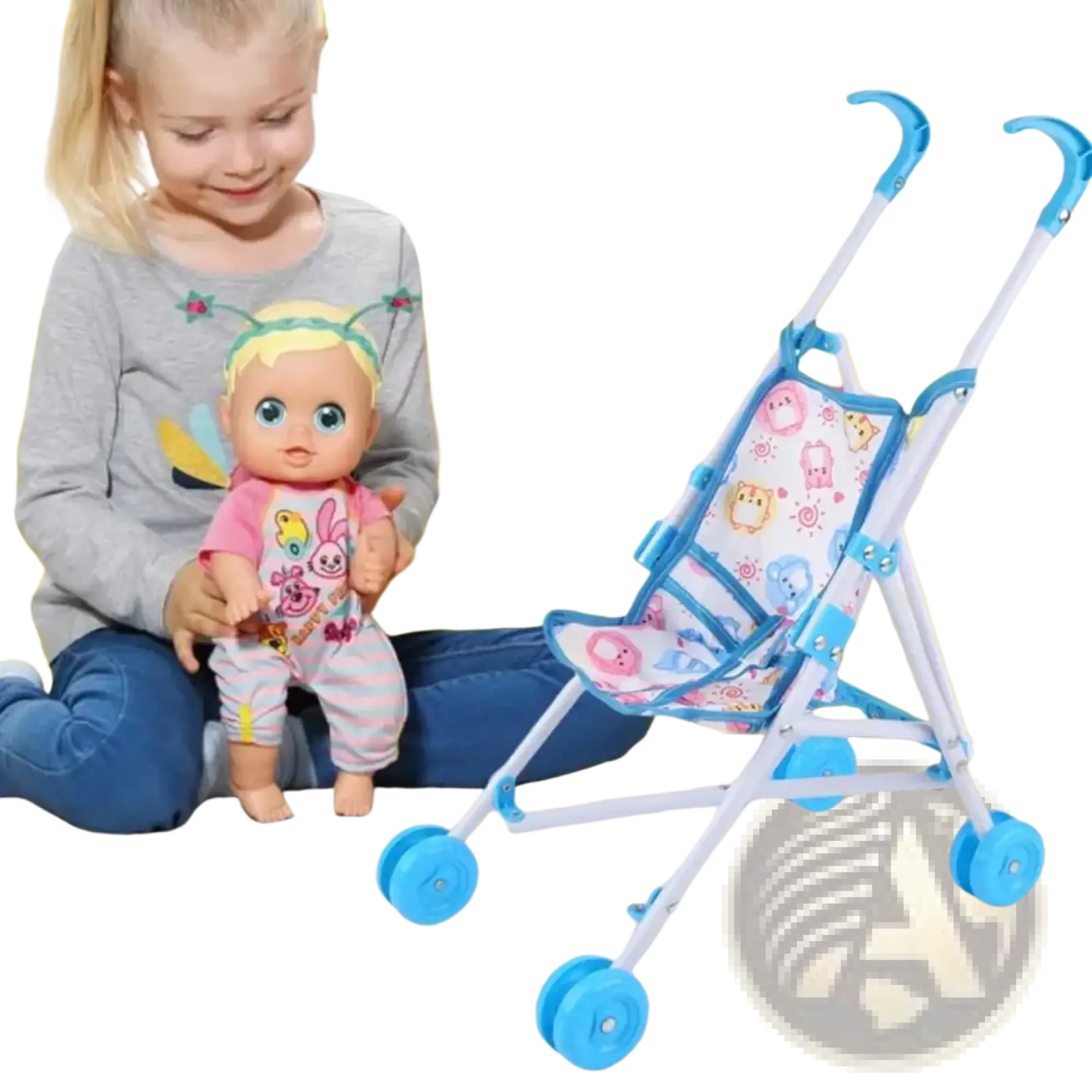 Blue and white doll stroller with cartoon animal print fabric seat designed as a toy pram for children