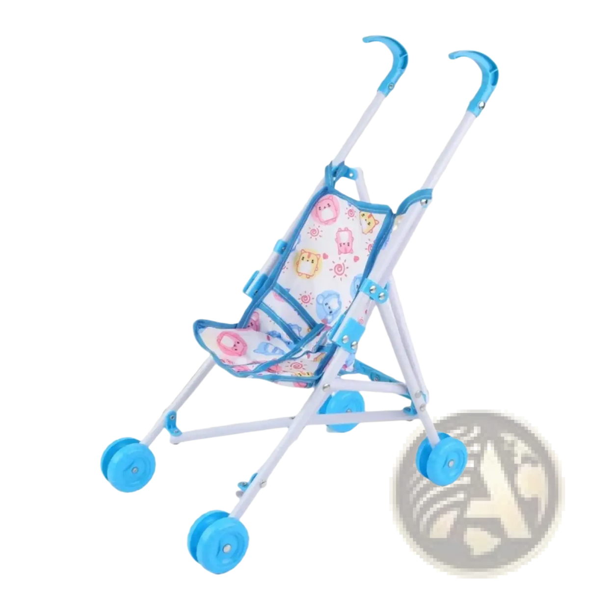 Blue and white doll stroller with cartoon animal print fabric seat designed as a toy pram for children