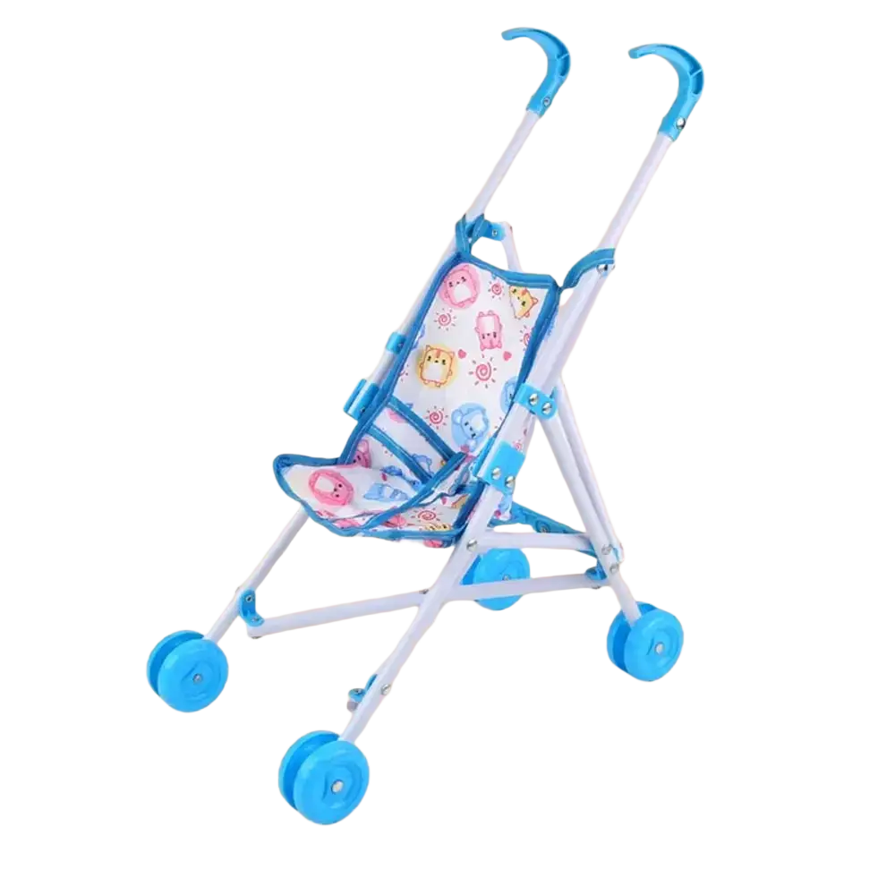 Blue and white doll stroller toy pram with patterned fabric seat featuring cartoon animal designs