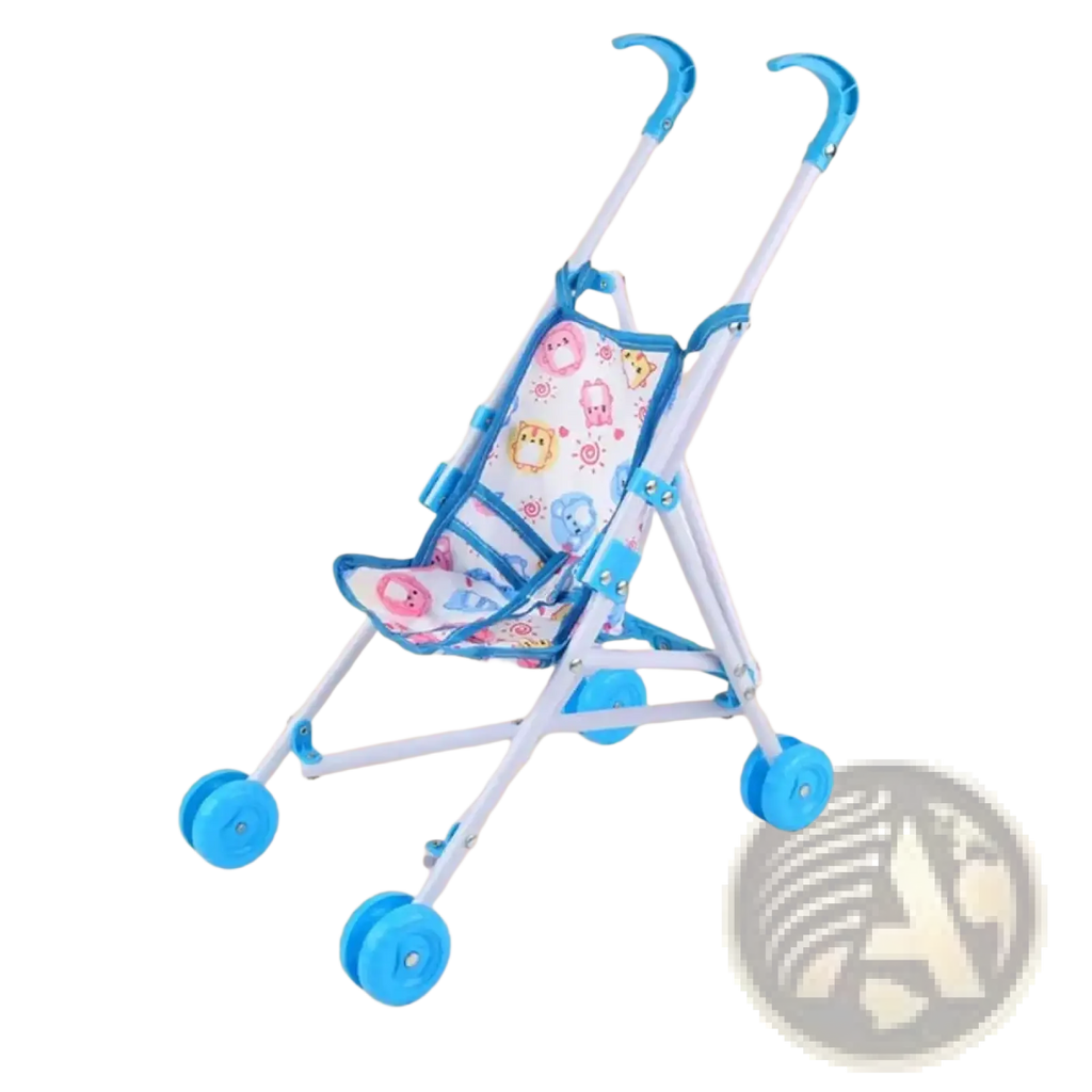 Blue and white doll stroller toy pram with patterned fabric seat featuring cartoon animal designs