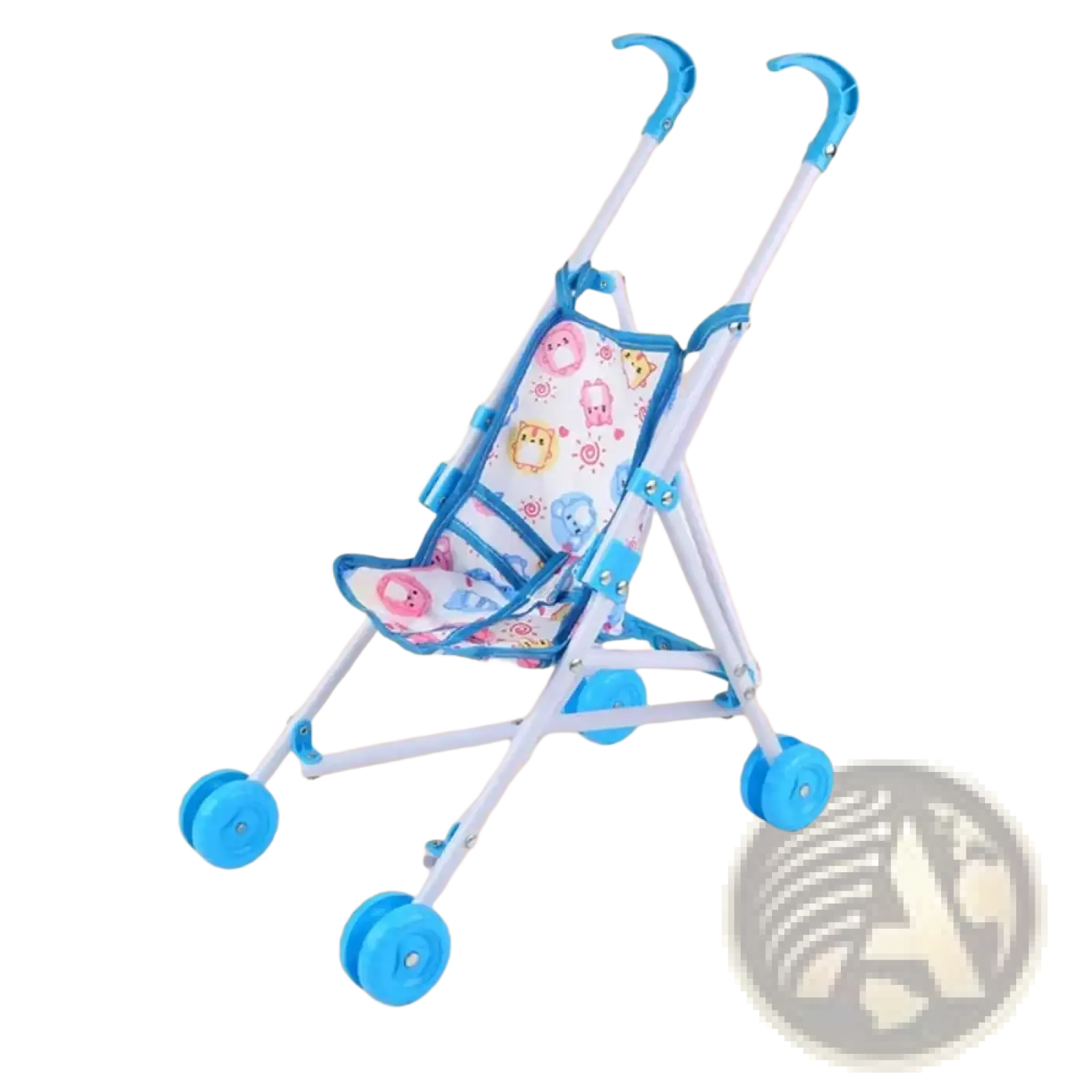 Blue and white doll stroller toy pram with patterned fabric seat featuring cartoon animal designs