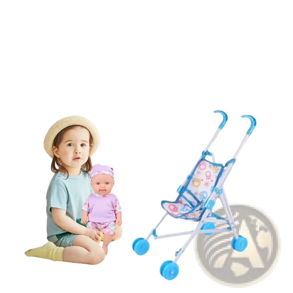 Blue and white plastic doll stroller with a cartoon animal print seat cushion for toy pram use