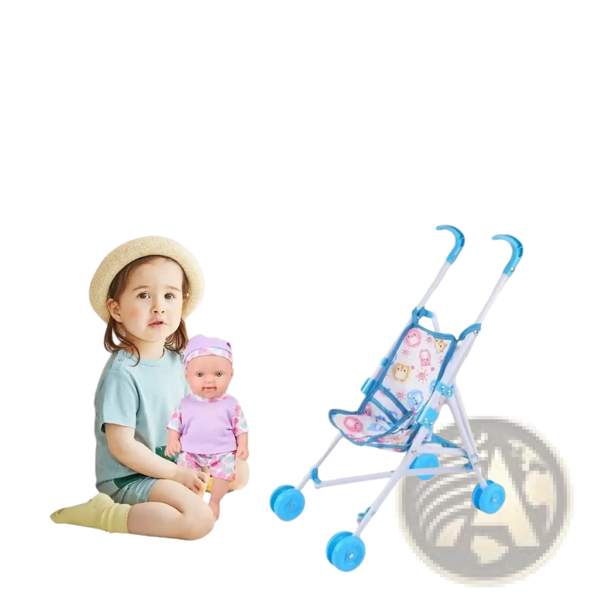 Blue and white plastic doll stroller with a cartoon animal print seat cushion for toy pram use
