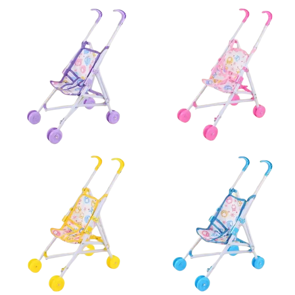 Miniature doll stroller with white metal frame colorful wheels and cartoon print fabric seat for toy pram use