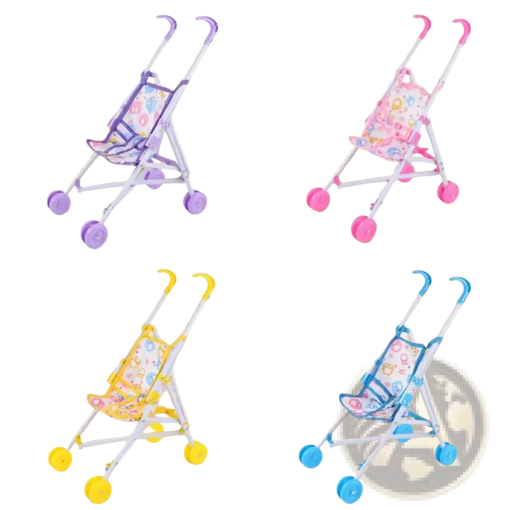 Miniature doll stroller with white metal frame colorful wheels and cartoon print fabric seat for toy pram use
