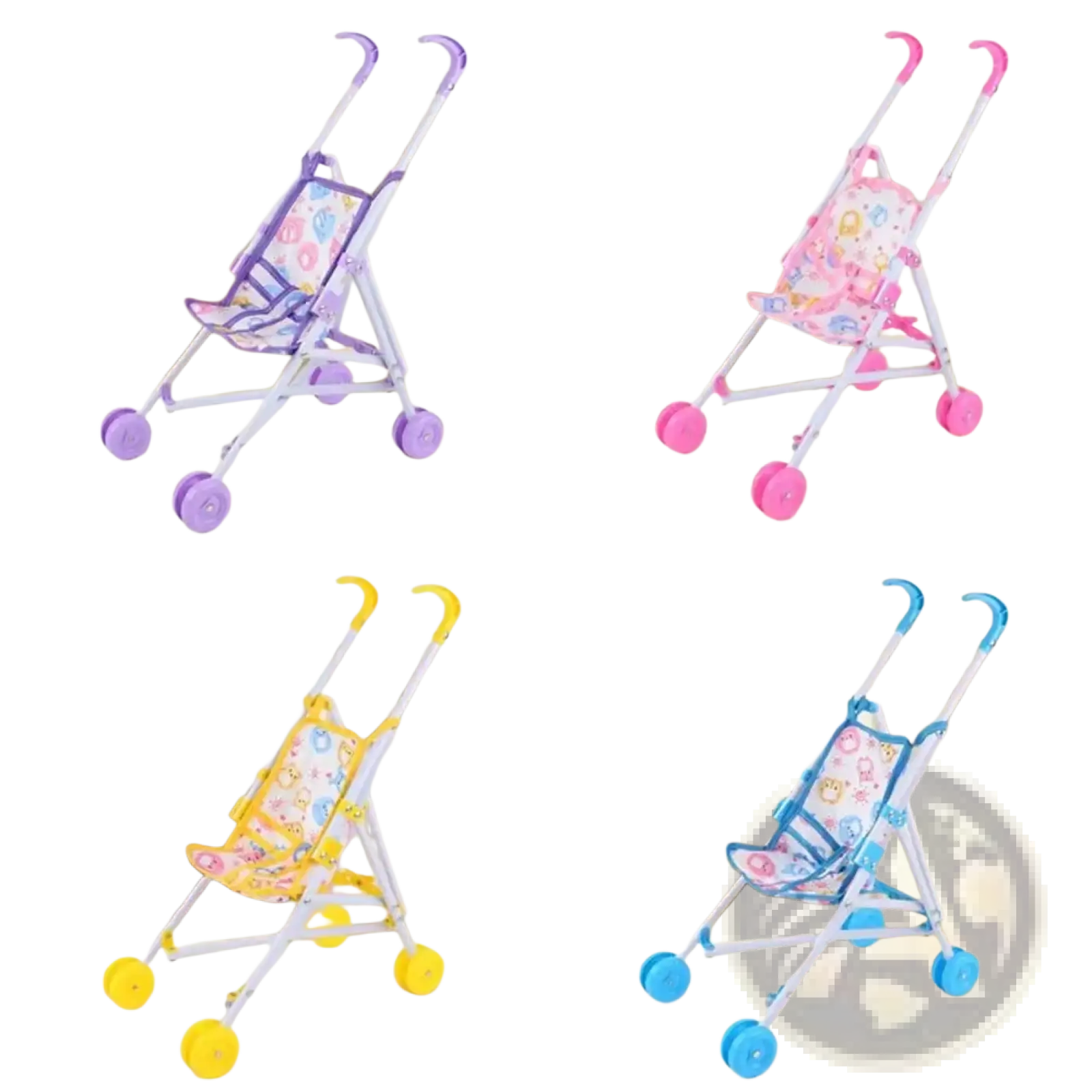 Miniature doll stroller with white metal frame colorful wheels and cartoon print fabric seat for toy pram use