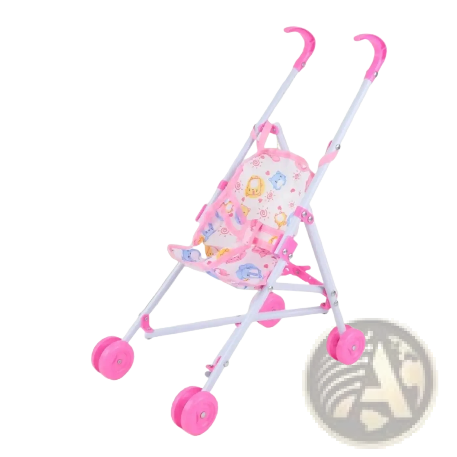 Pink and white doll stroller with cartoon animal print fabric seat designed as a toy pram for children
