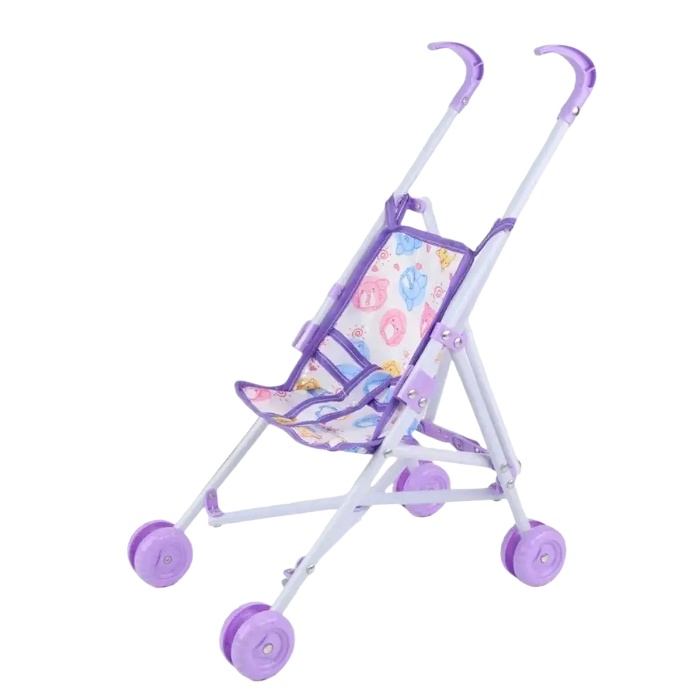 Purple plastic doll stroller with white fabric seat featuring colorful cartoon animal prints for toy pram use