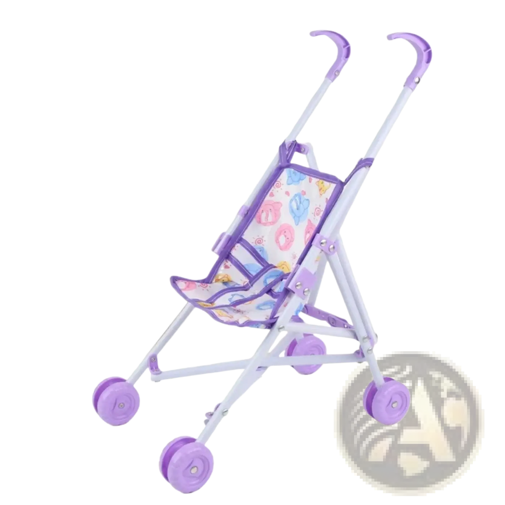 Purple plastic doll stroller with white fabric seat featuring colorful cartoon animal prints for toy pram use