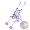 Purple plastic doll stroller with white fabric seat featuring colorful cartoon animal prints for toy pram use