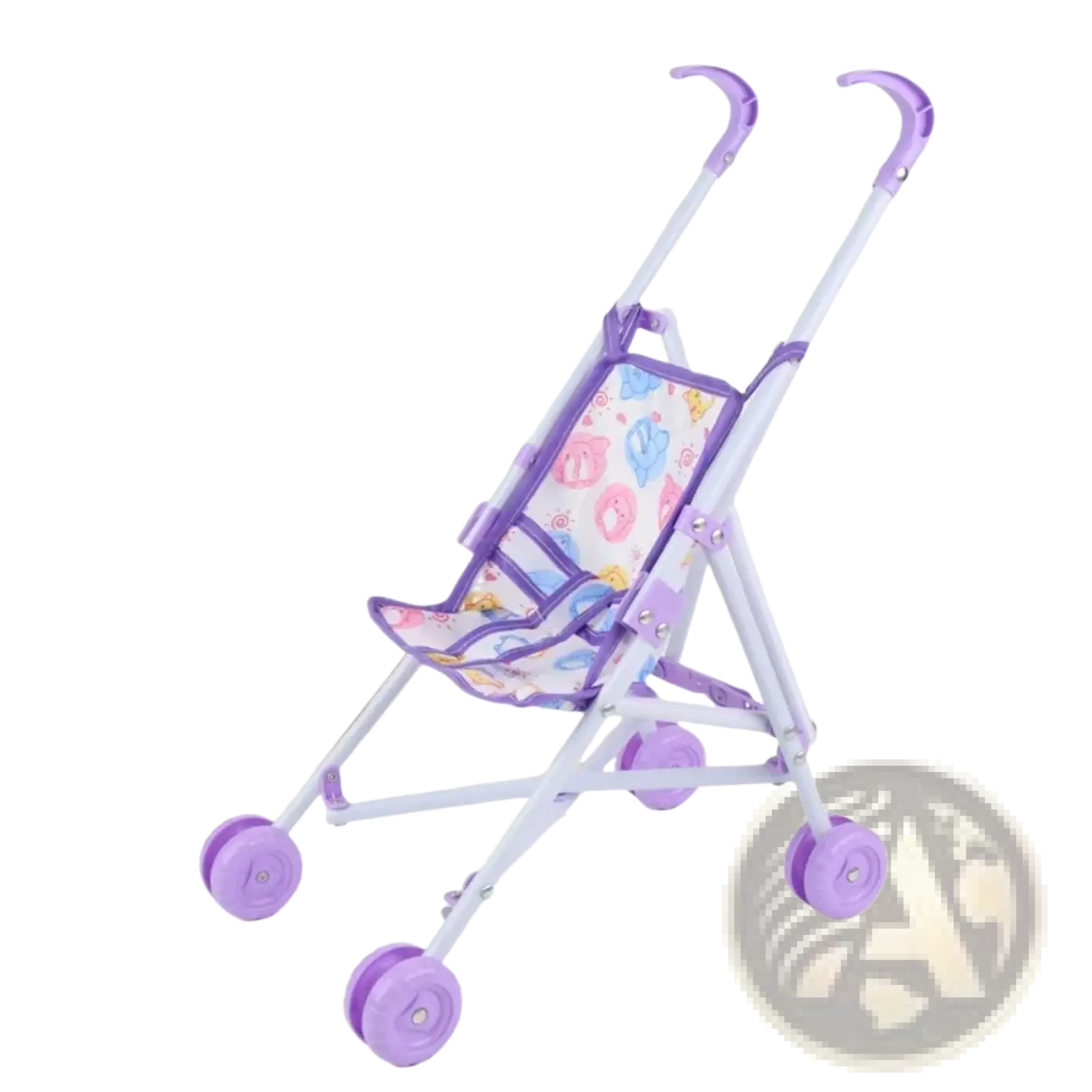 Purple plastic doll stroller with white fabric seat featuring colorful cartoon animal prints for toy pram use