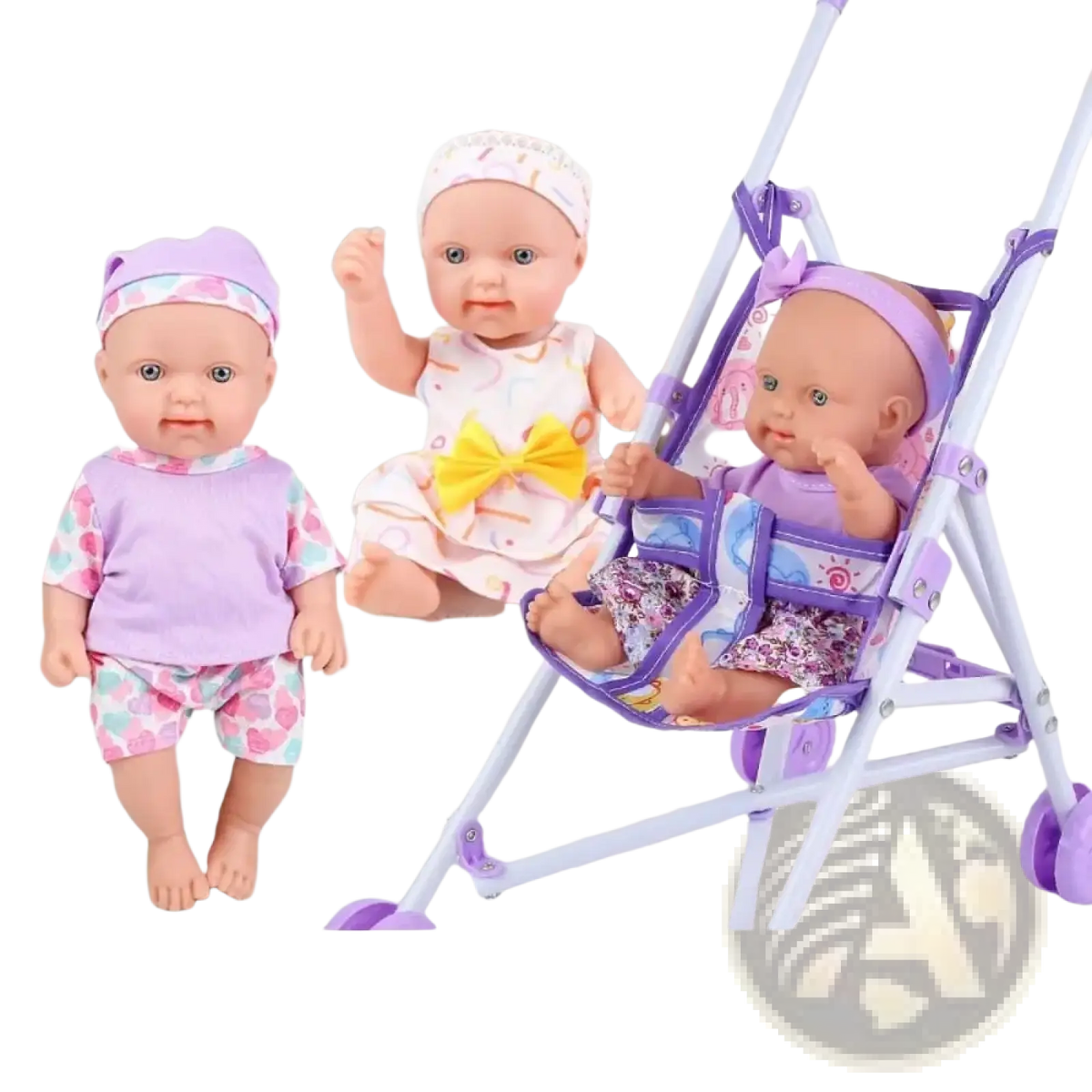 Purple and white doll stroller cartoon print toy pram with floral seat lining and seated doll in matching purple outfit