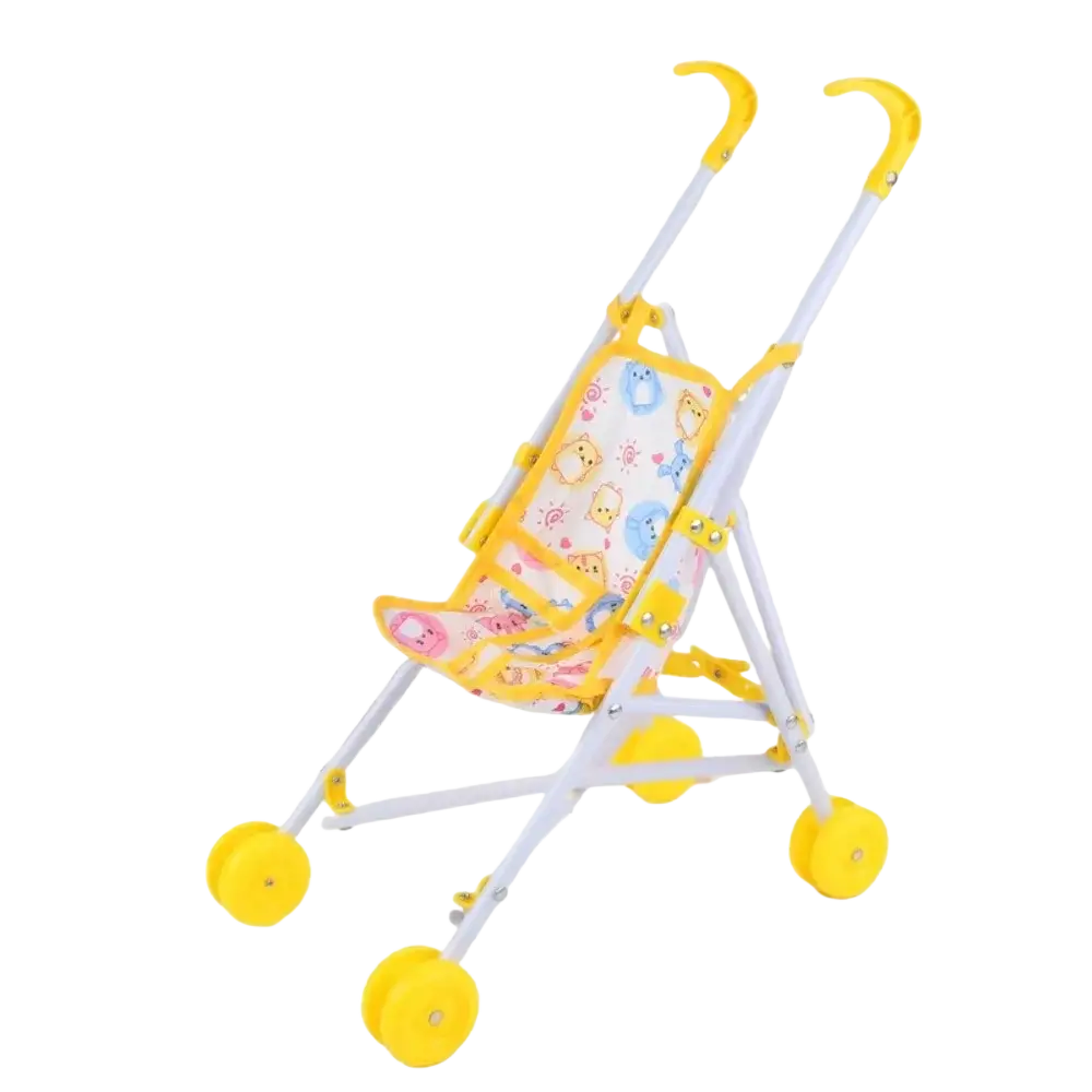 Yellow and white doll stroller with colorful cartoon print fabric seat for toy pram use