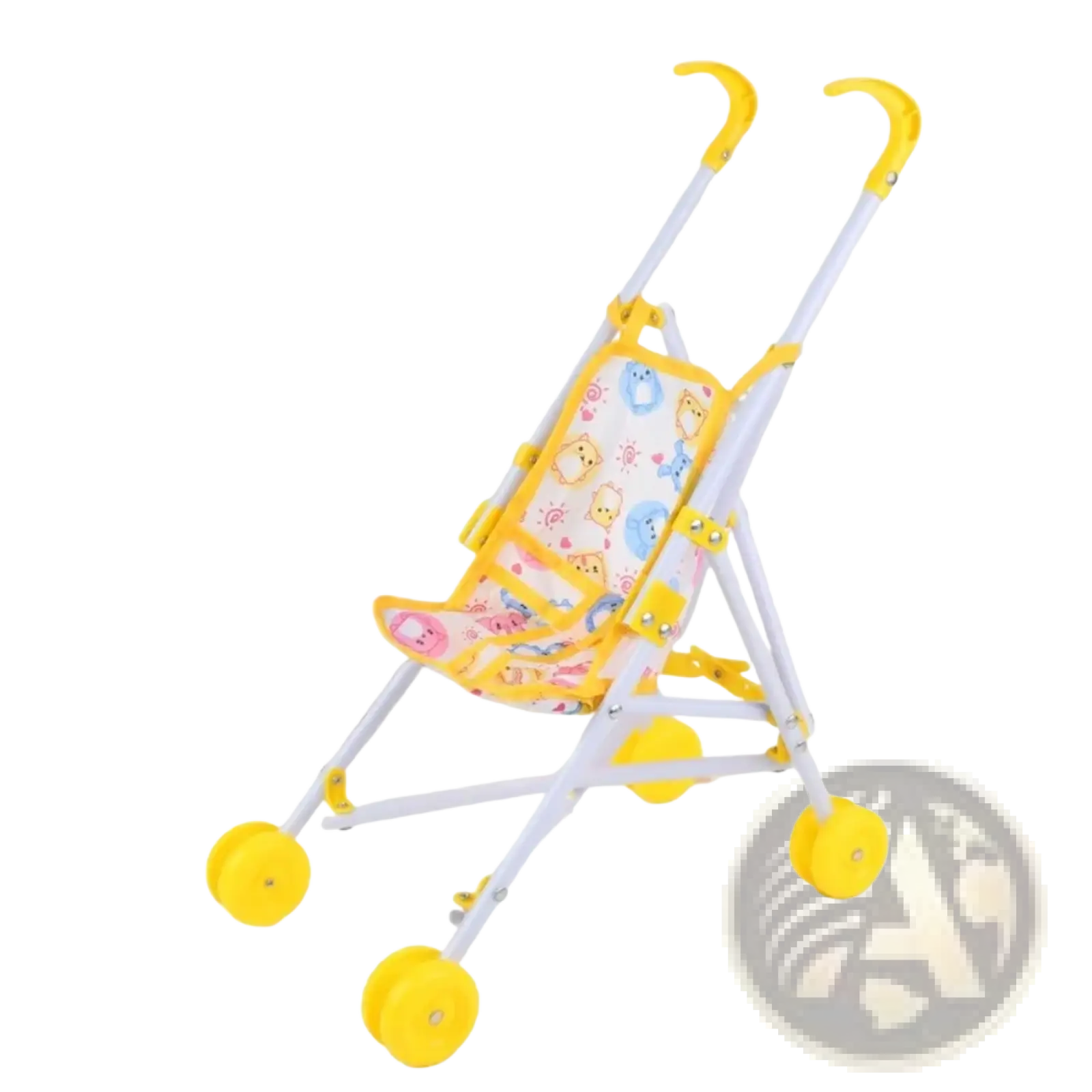 Yellow and white doll stroller with colorful cartoon print fabric seat for toy pram use