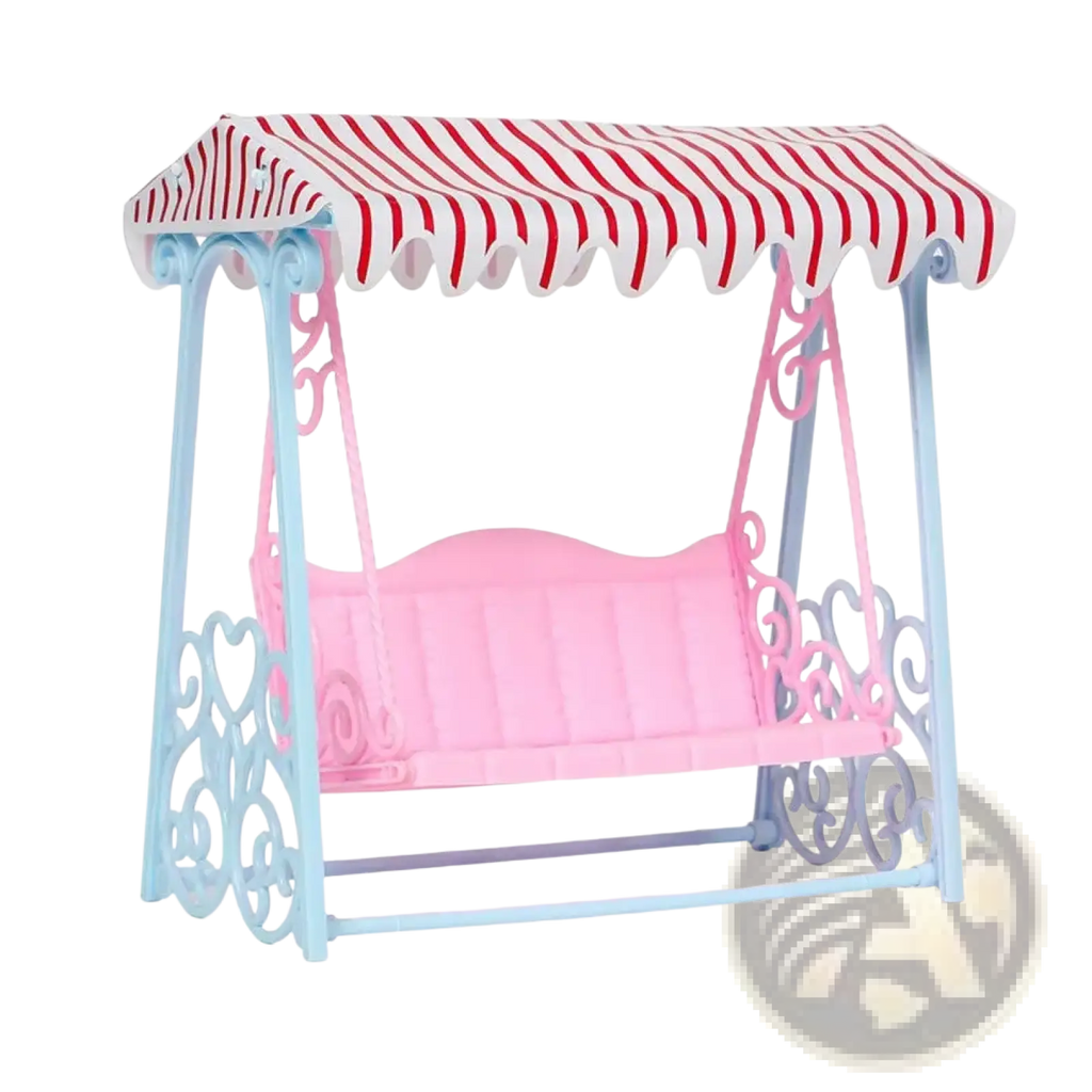 Dollhouse miniature furniture living room pink plastic swing seat with red white canopy on blue ornate metal frame
