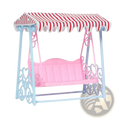 Dollhouse miniature furniture living room pink plastic swing seat with red white canopy on blue ornate metal frame