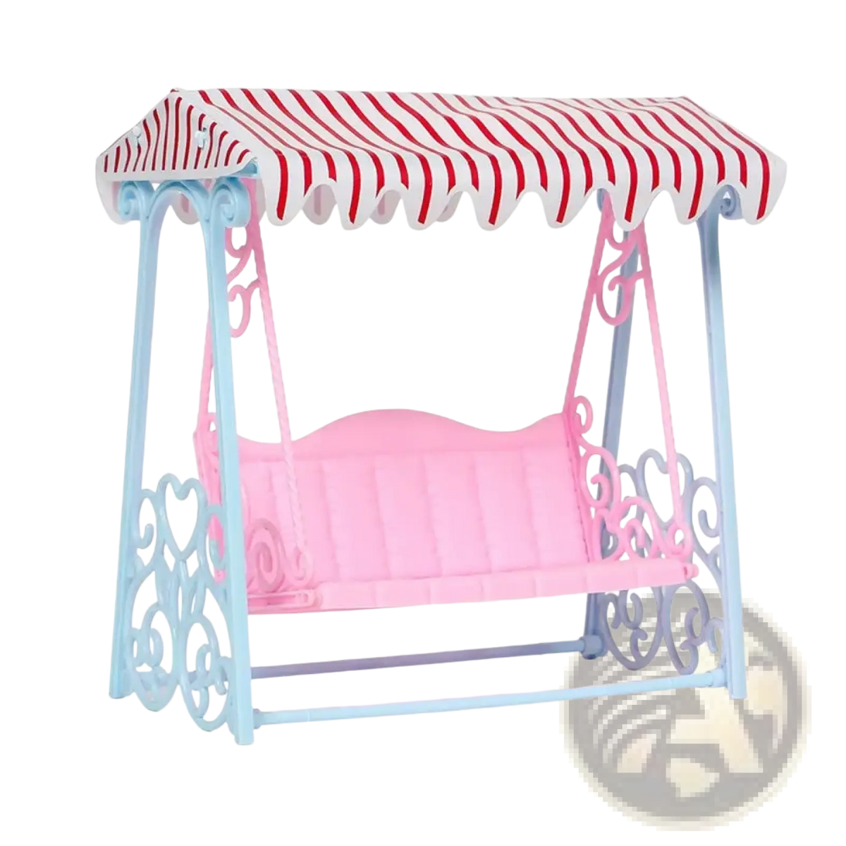 Dollhouse miniature furniture living room pink plastic swing seat with red white canopy on blue ornate metal frame