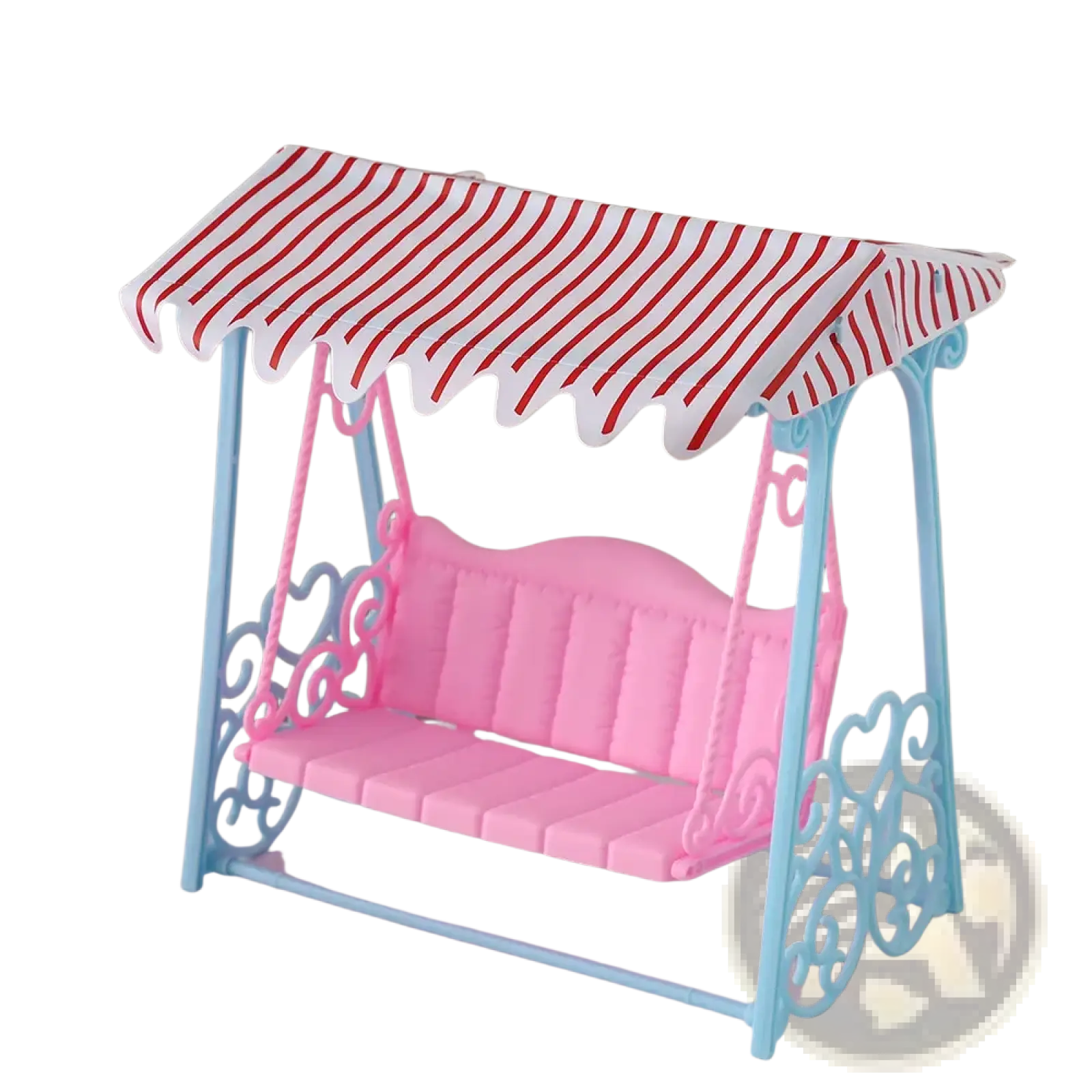 Dollhouse miniature furniture living room decor set featuring a pink and light blue plastic swing with red and white striped canopy