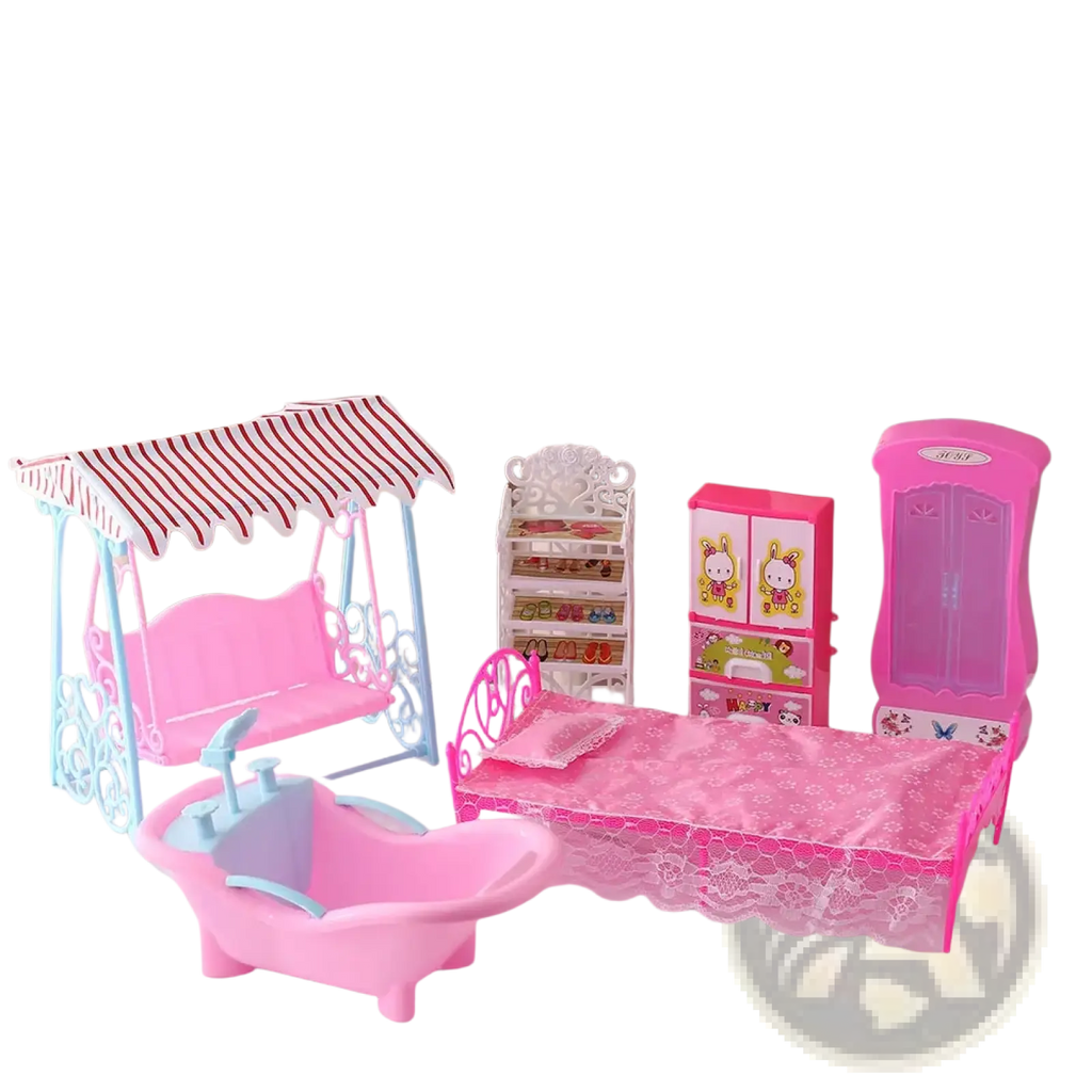 Pink plastic dollhouse miniature living room decor set with lace bedspread and striped awning swing