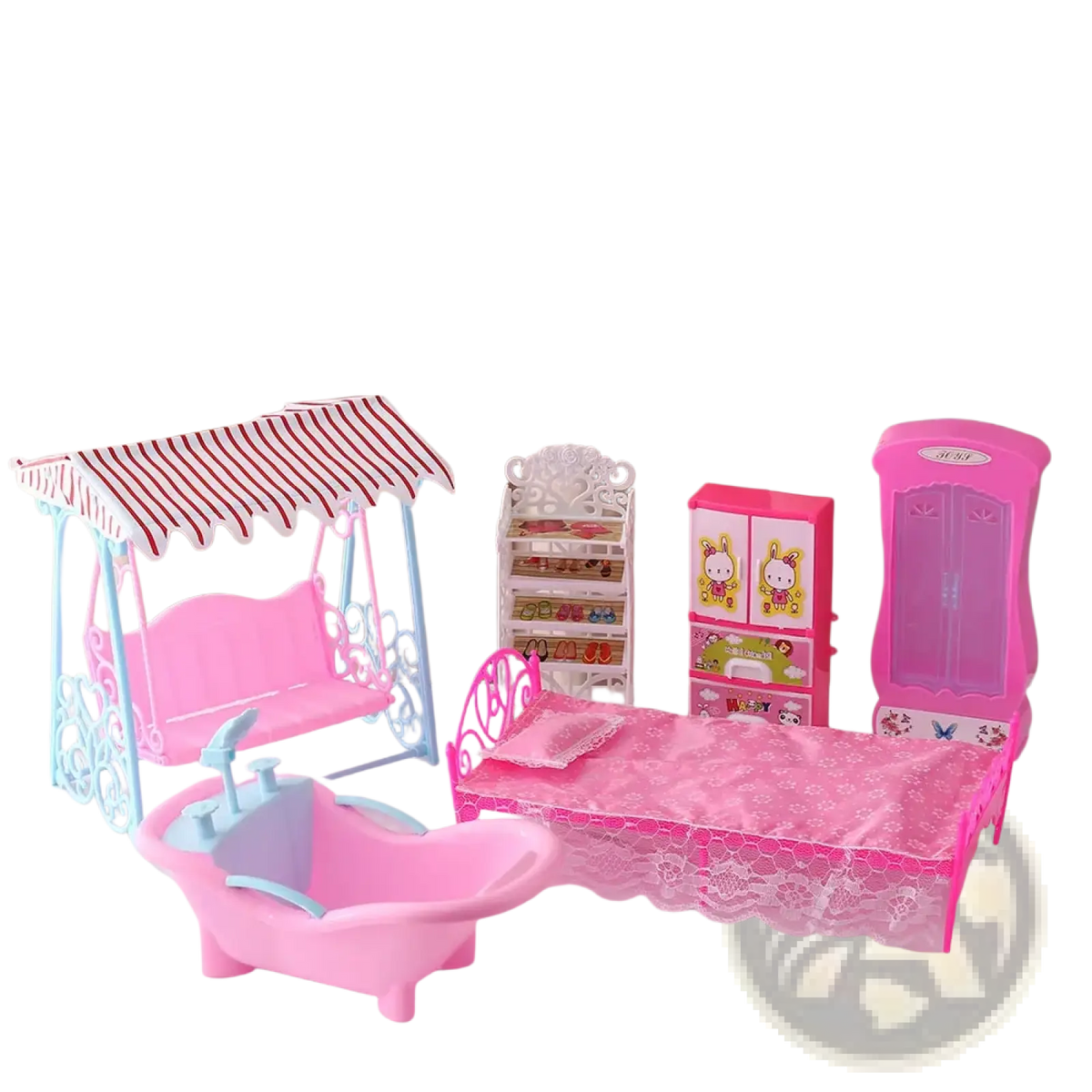 Pink plastic dollhouse miniature living room decor set with lace bedspread and striped awning swing