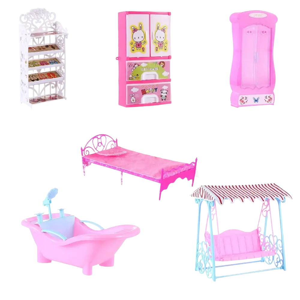 Pink plastic dollhouse bed with ornate metal frame and matching pink mattress for miniature living room decor set