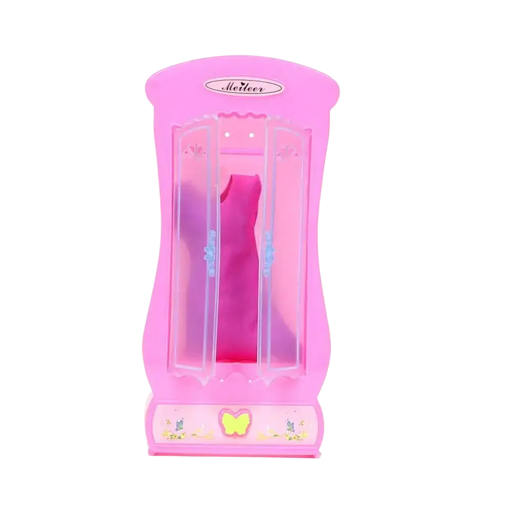 Pink plastic dollhouse miniature wardrobe with transparent doors and butterfly design for living room decor set