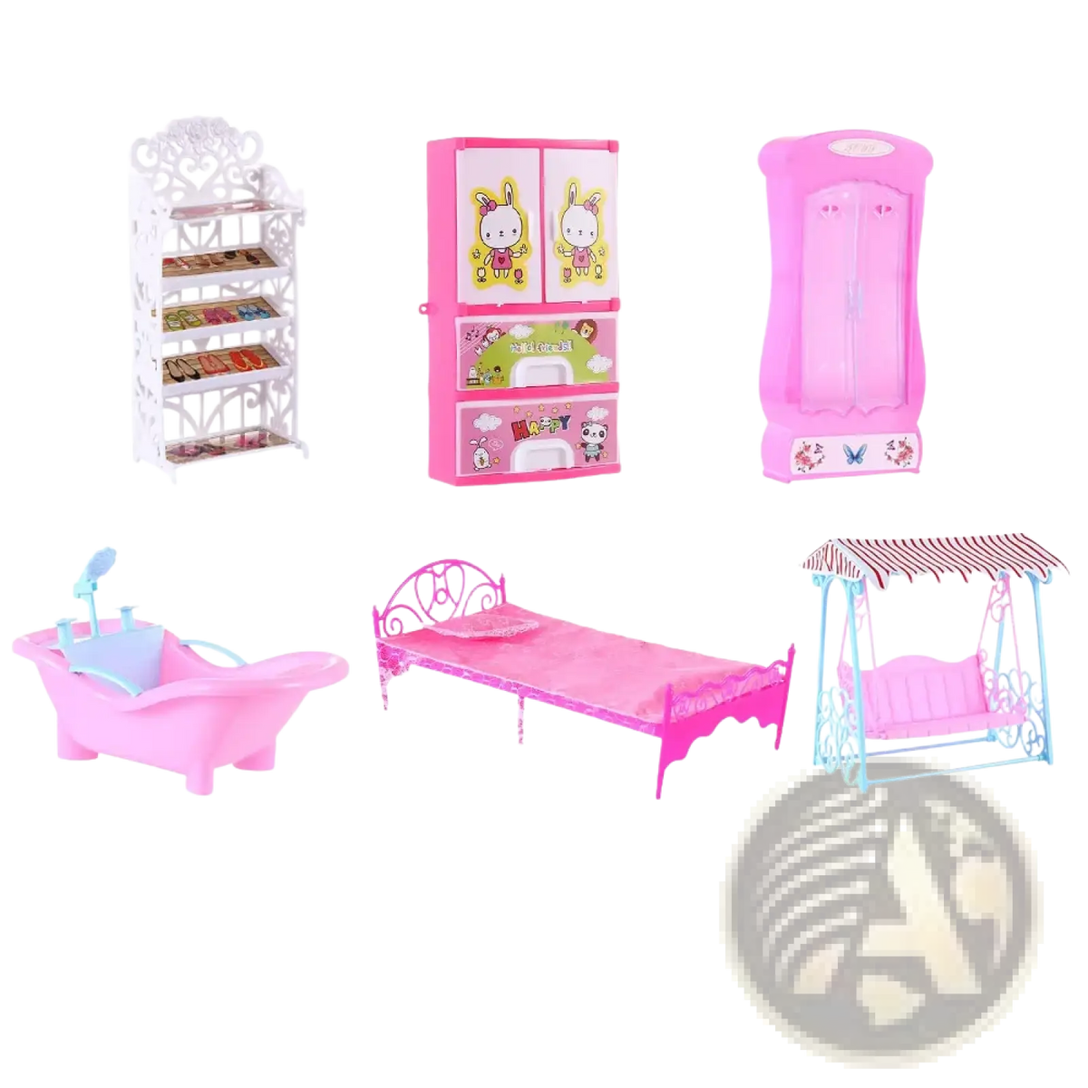 Pink plastic dollhouse miniature furniture living room decor set with decorative details and cartoon character decals