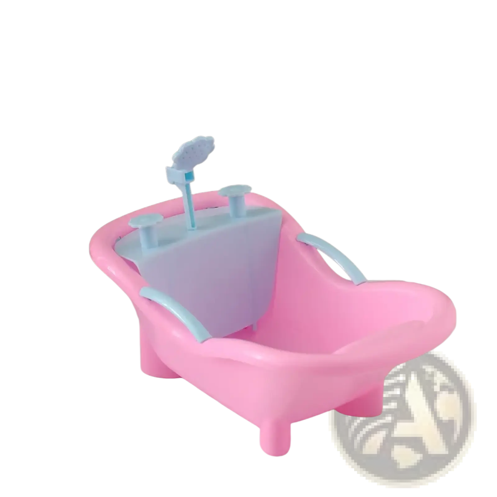 Pink plastic baby bathtub with light blue showerhead and handles in dollhouse miniature furniture living room decor set