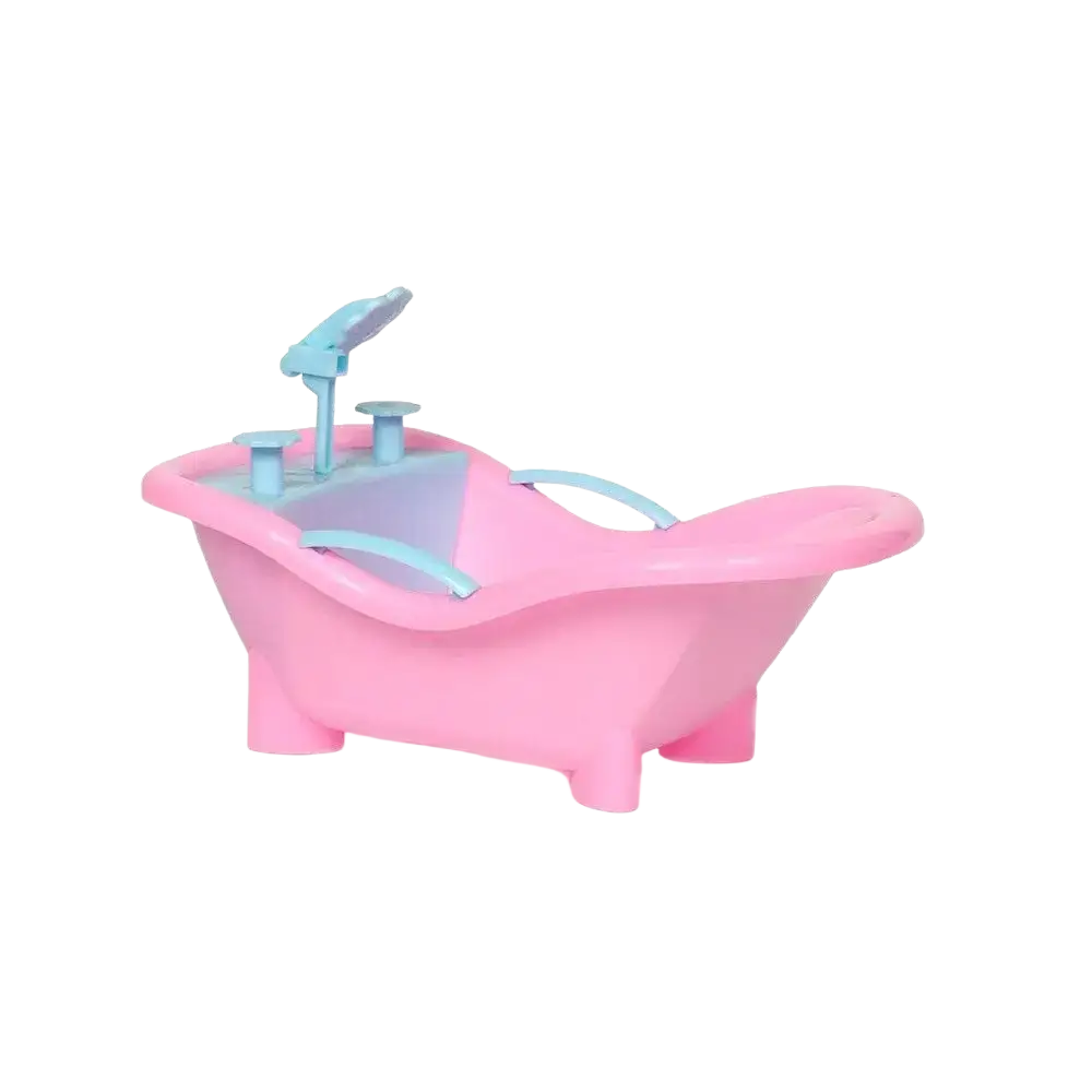 Pink plastic baby bathtub with light blue faucet and handles for dollhouse miniature furniture living room decor set