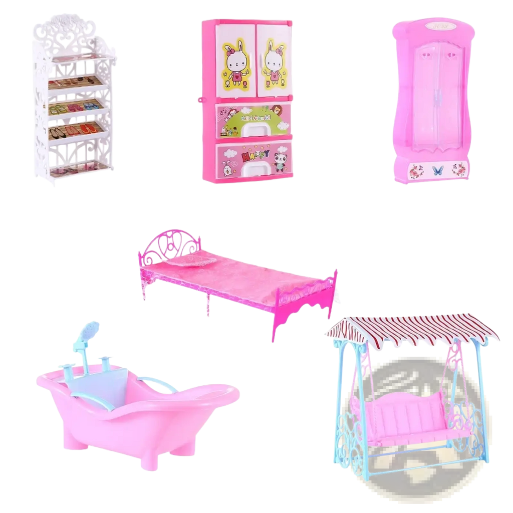 Pink plastic dollhouse bed with ornate metal frame and matching pink mattress for miniature living room decor set