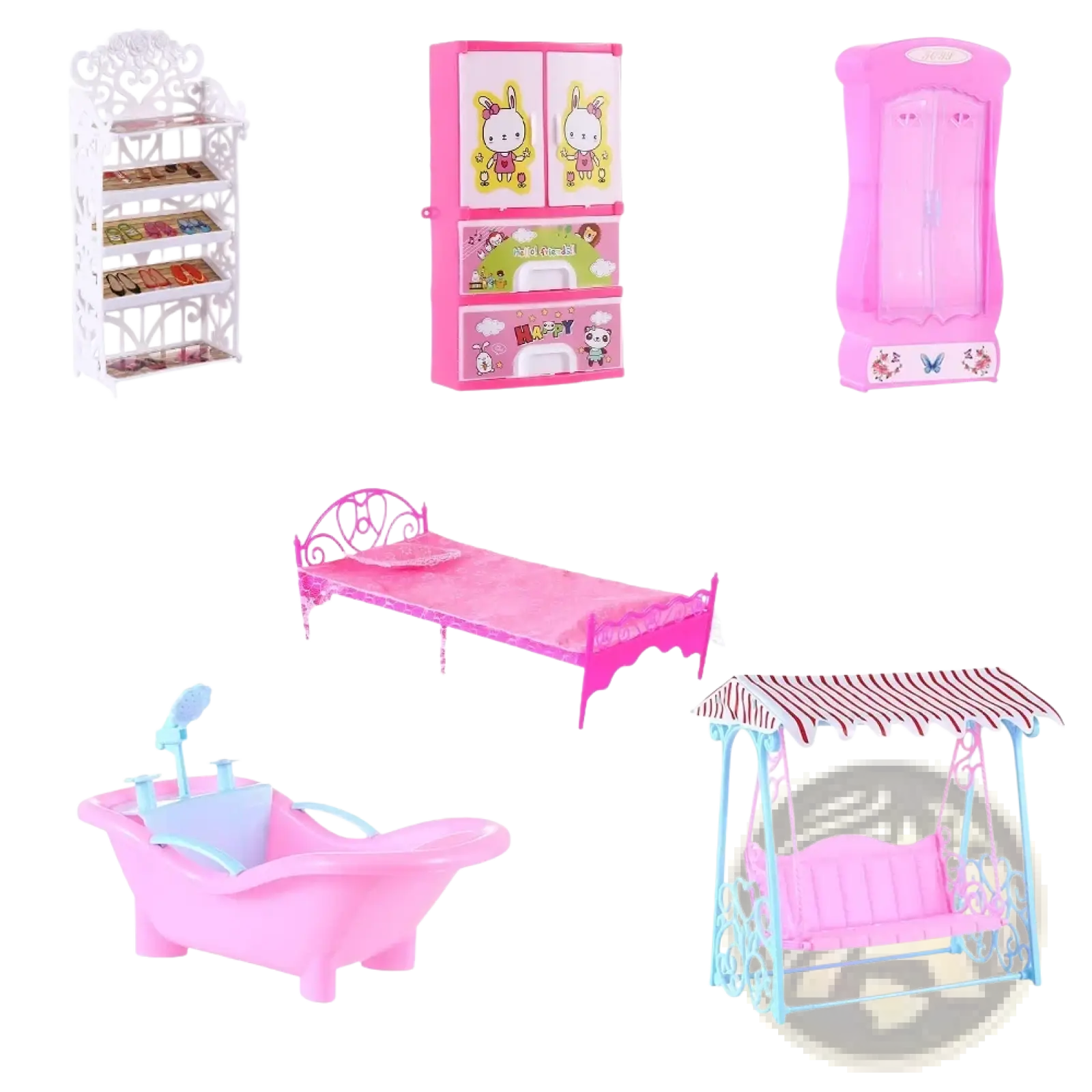Pink plastic dollhouse bed with ornate metal frame and matching pink mattress for miniature living room decor set