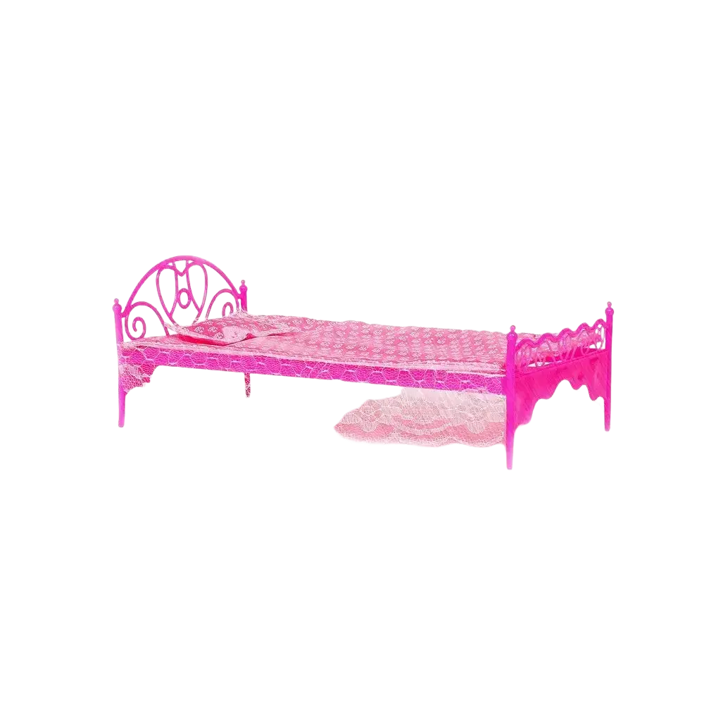 Pink plastic doll bed with ornate headboard footboard lace-patterned mattress and matching sheer lace skirt for dollhouse decor