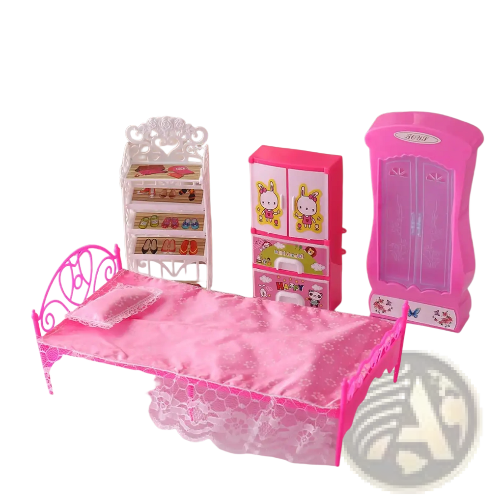 Pink plastic doll bed with lace trim and matching pillow from dollhouse miniature furniture living room decor set