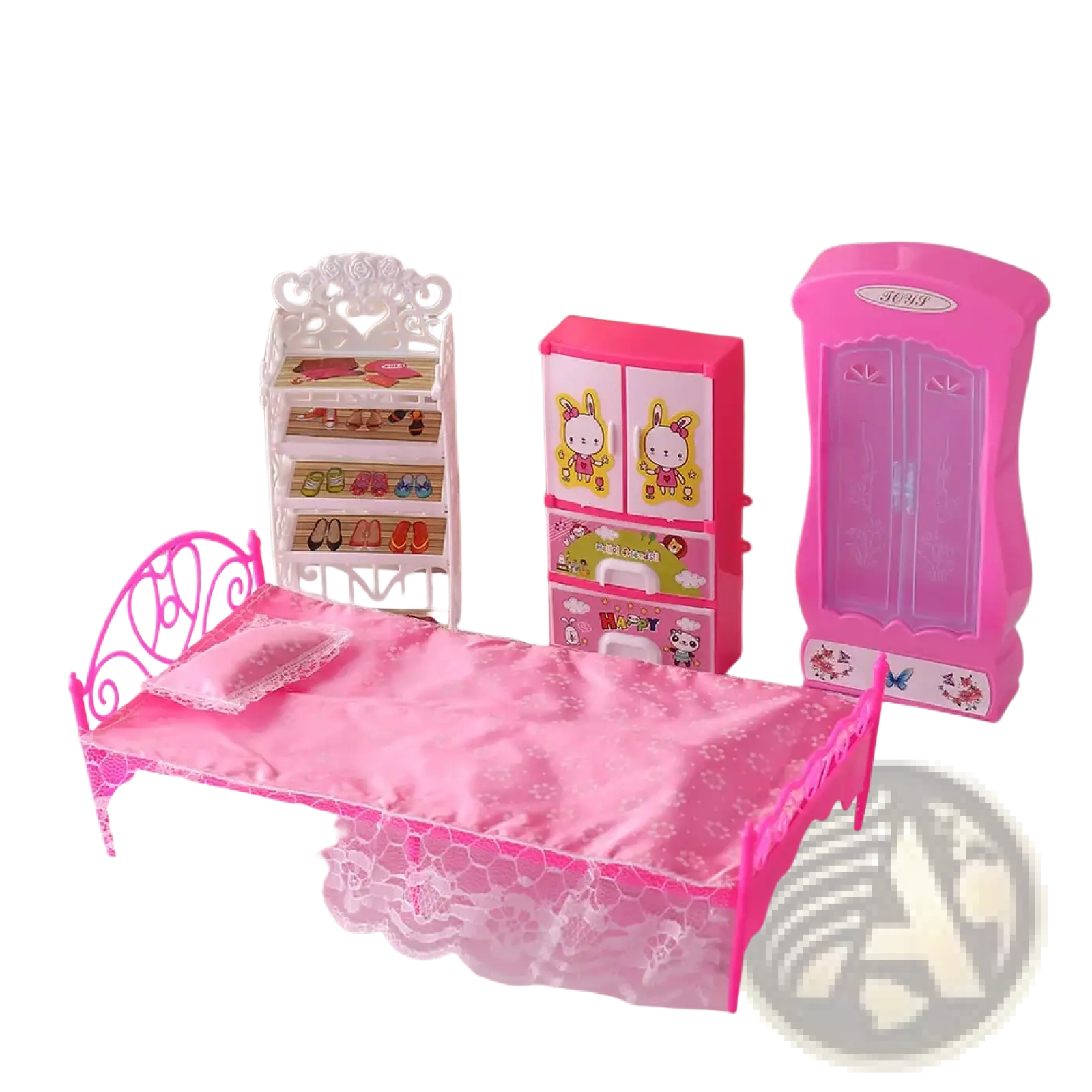 Pink plastic doll bed with lace trim and matching pillow from dollhouse miniature furniture living room decor set