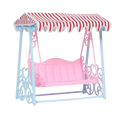 Dollhouse miniature furniture living room pink plastic swing seat with red white canopy on blue ornate metal frame