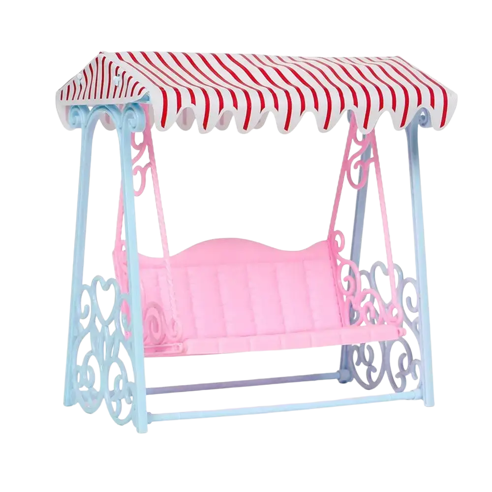 Dollhouse miniature furniture living room pink plastic swing seat with red white canopy on blue ornate metal frame